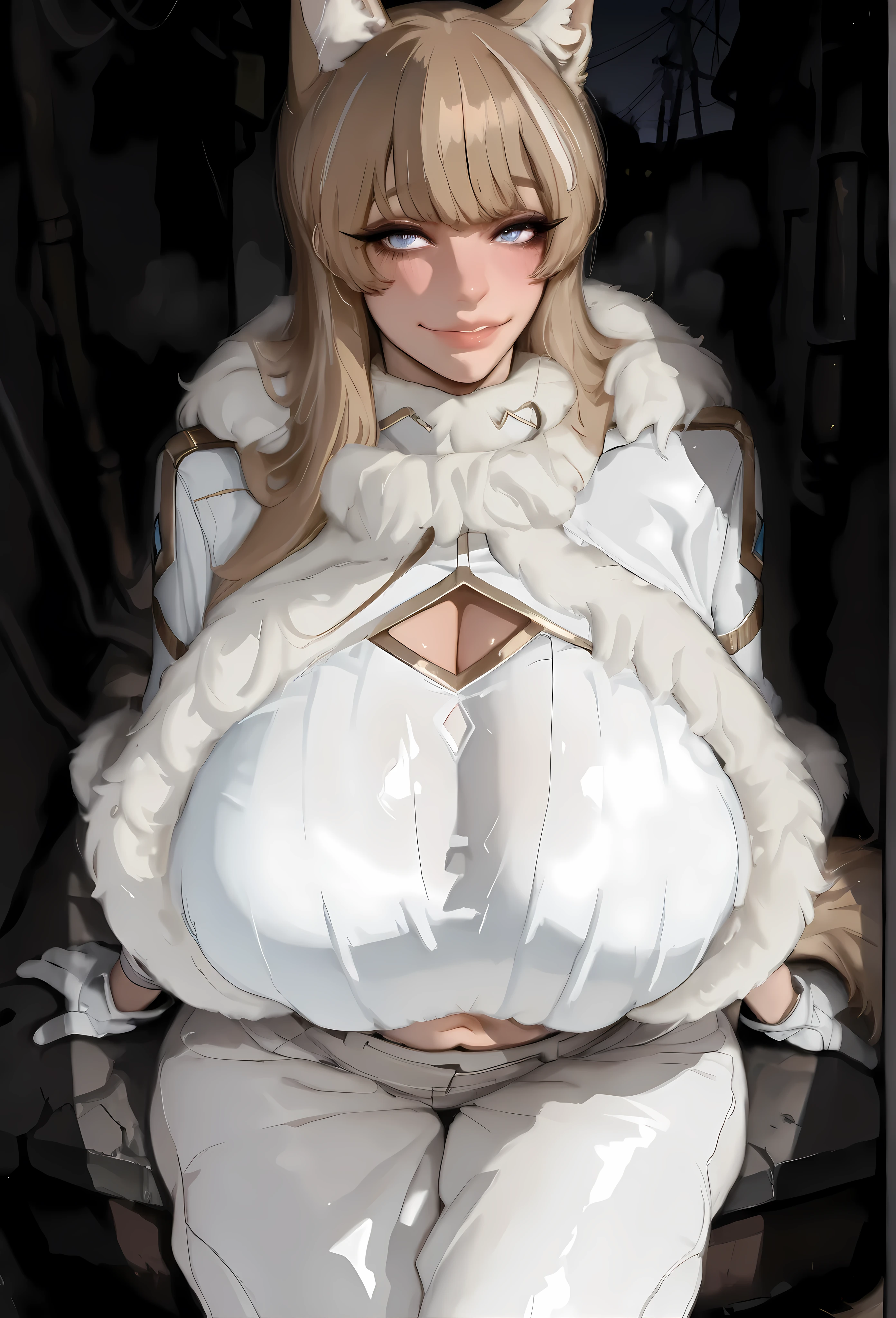 blond eyebrows, le0th13f, white bodysuit, long sleeves, cleavage cutout, gold trim, navel, white pants, white gloves, fur trim, blond tail, wolf ears, dim light, alley, no humans, power lines, dark, night, blond hair, long hair, blunt bangs, blue eyes, mamimi, beautiful elegant faces, huge Breasts, wide hips, huge ass, thick legs, thick arms, look at the viewer, eyes fully visible, fully cloth, (8k , top quality , masterpiece) , (realistic , raw photo , super fine clear), make up, mascara, no eyeshadow, sit down on surface, kind smile, slightly blush