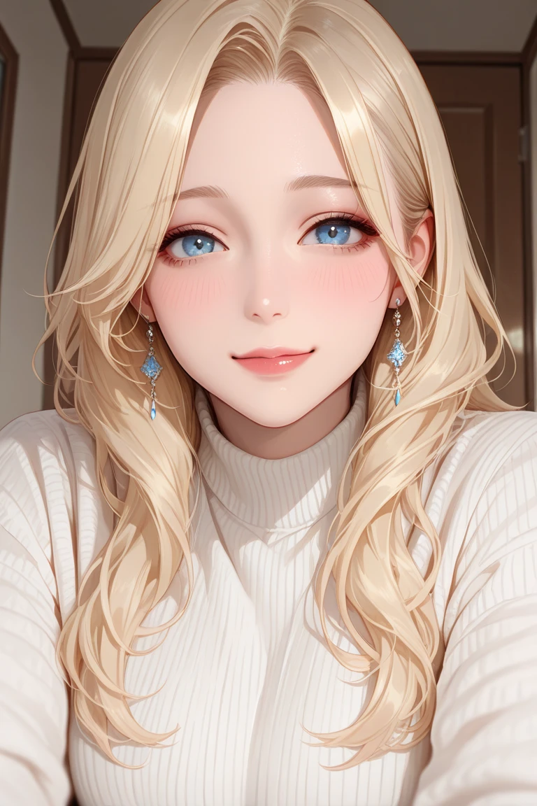 masterpiece, beautiful woman, realistic, beautifully detailed face, light smile, slender body, sleeveless sweater, side