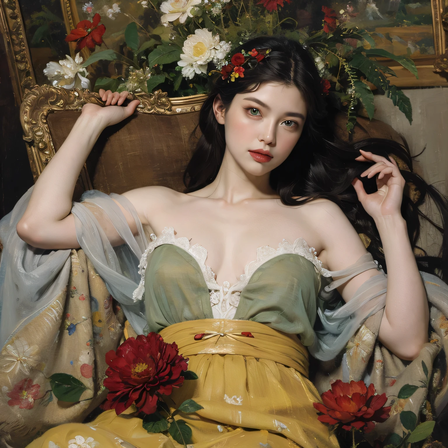 (oil painting:1.5), \\ a woman with (long curtly hair ), ((green eyes)) is lie on the ground in veil, peony, (amy sol:0.248), yellow, with skirt, (stanley artgerm lau:0.106), (a detailed painting:0.353), (gothic art:0.106)

