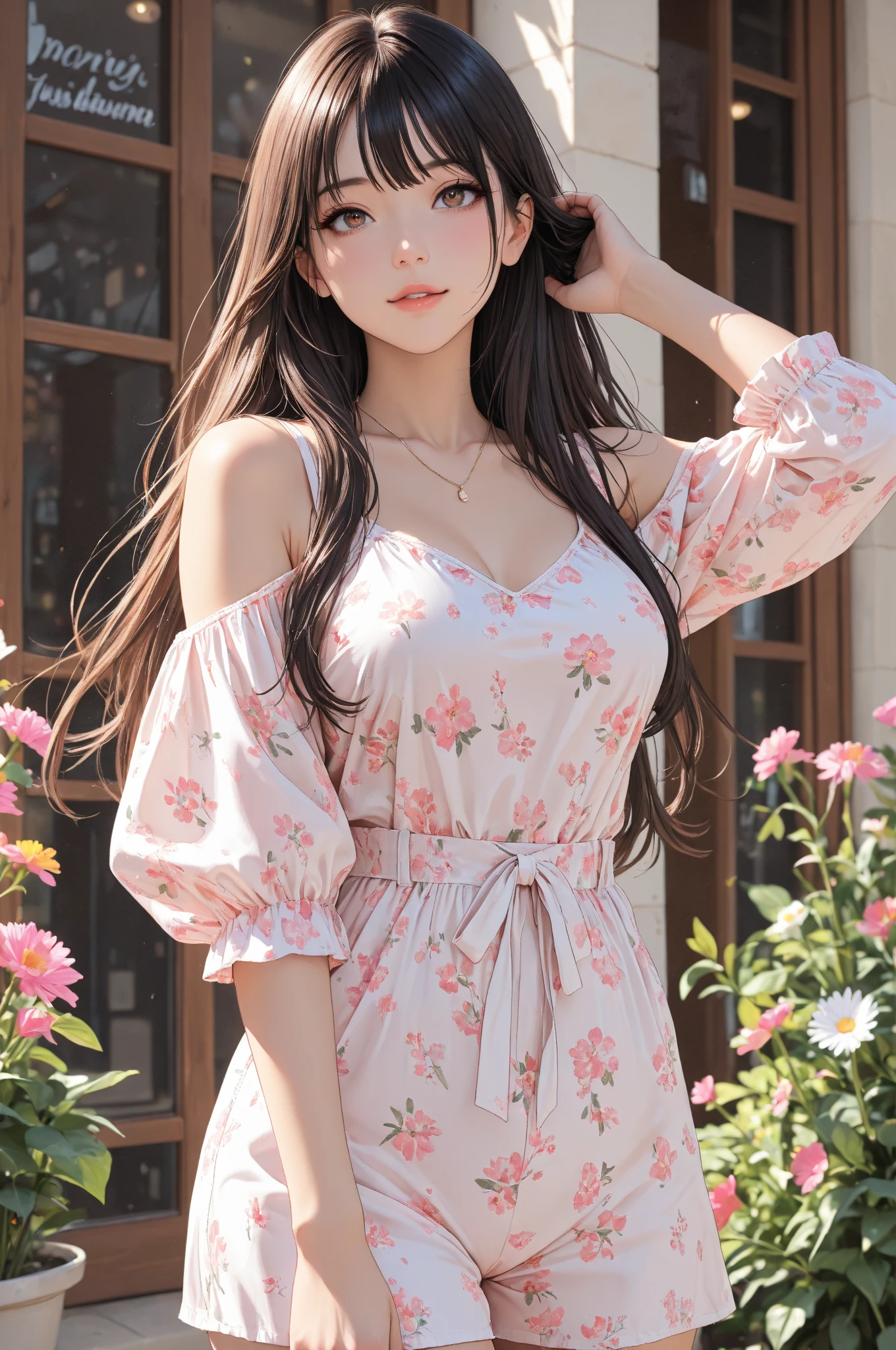 Best quality, masterpiece, super high resolution, (realism: 1.4), original photo, 1girl, pink dress, off-the-shoulder, blooming flower field, glowing skin, light smile, full body, full body photo