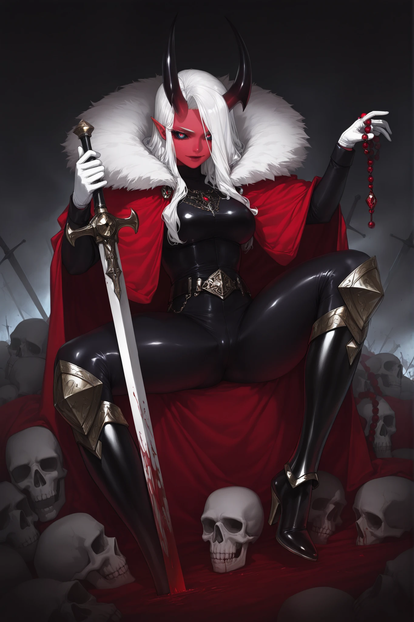 (masterpiece, best quality, amazing quality, very aesthetic, highres, highly detailed:1.1), (realistic, photorealistic:1.1), moto-retcom, (dark theme, rim light, cinematic lighting, dramatic lighting:1.1), masterpiece, best quality, ultra-detailed, highres, beautiful detailed eyes, (EyesHD:1.2), (4k,8k,Ultra HD), 
BREAK
(rella:1.2), (redum4:1.2) (au \(d elete\):1.2) (dino \(dinoartforame\):1.1),yonaga_artstyle, cinematic, epic, ultra-detailed-eyes, detailed background,cute girl, eyelashes, beautiful eyes, big eyes, detailed eyes, detailed pupils, perfect body, mysterious, vivid color, mature woman,
BREAK
Aka-Oni, oni, colored skin, red skin, smooth horns, straight horns, black horns, pointy ears, 
BREAK
long hair, uncensord, blood soaked, giant sword, holding sword, planted sword, battlefield background, corpse, skull, blood, 
BREAK
looking at viewer, long sleeves, gloves, closed mouth, sitting, boots, white gloves, cape, armor, fur trim, expressionless, chair, gem, cloak,  beads, red cape, armored boots, greaves, throne, red cloak,
black sclera, calm expression, devil smile, 
(very long eyelashes:1.2),  horror style, goth style, deep colors, from side, spread legs,
BREAK
deep gaze, intense gaze, glossy lips, mesmerizing eyes,