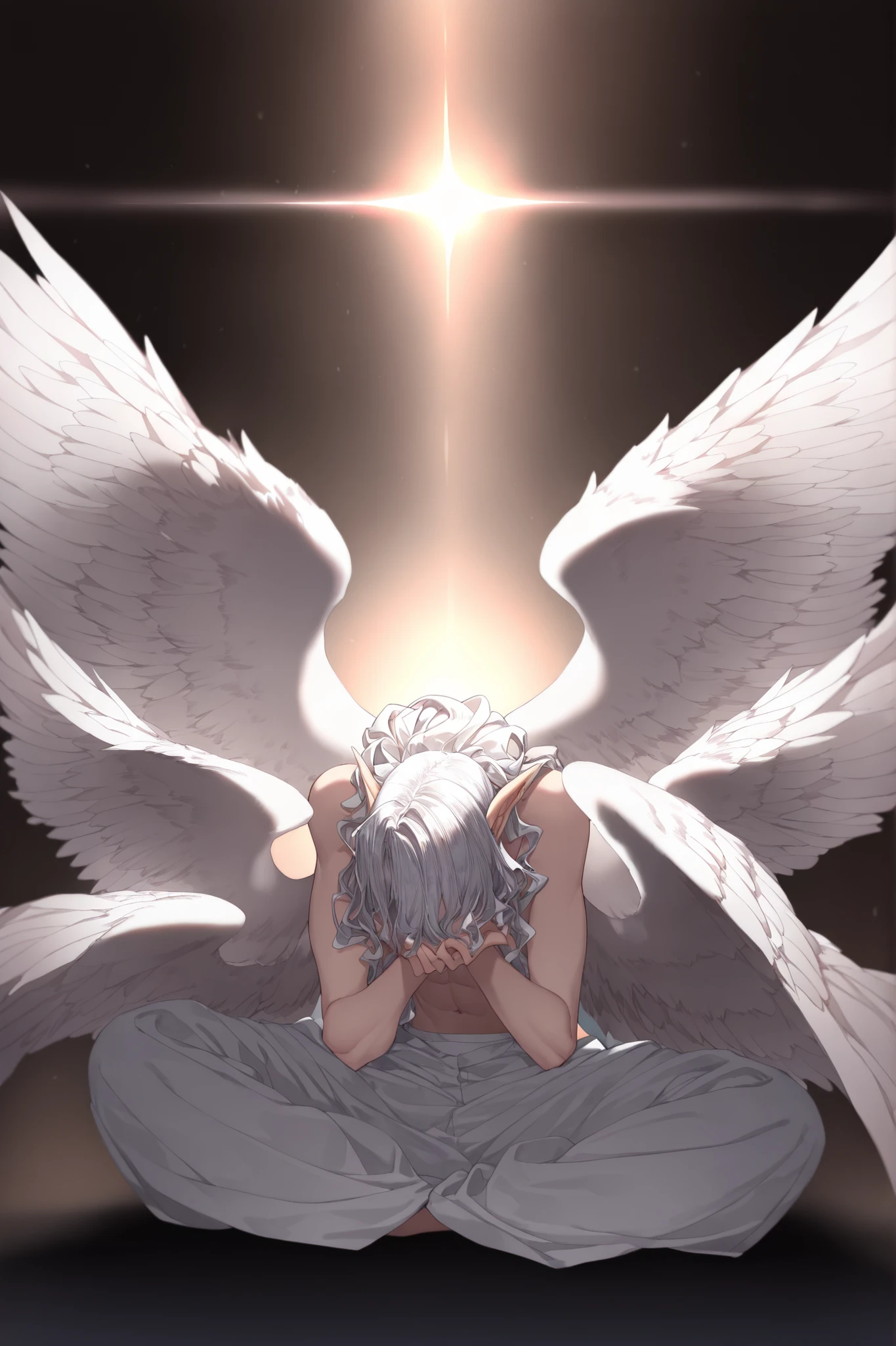 Masterpiece, best quality, amazing quality, newest, very aesthetic, absurdres, (scenery:1.4), perfect proportions, perfect hands, 8k, good anatomy, good shading, ultra detailed, refined details, high resolution, HD, masterwork, 4ur4_illu,shiny, XUER guangying,748cmstyle.

(solo:1.4,1girl),(artist:mazjojo:0.83), (artist:pigeon666:0.67), (artist:zawar379:0.77), (artist:remsrar:0.65), (artist:yoneyama mai:0.74), (artist:chimmyming:0.72), (artist:mazjojo:0.83), (artist:pigeon666:0.67), (artist:zawar379:0.77), (artist:remsrar:0.65), (artist:yoneyama mai:0.74), (artist:chimmyming:0.72), (artist:mazjojo:0.83), (artist:pigeon666:0.67), (artist:zawar379:0.77), (artist:remsrar:0.65), (artist:yoneyama mai:0.74), (artist:chimmyming:0.72), high resolution, goldenfieldszho, perfect lighting, volumetric lighting, (dark lighting), shadowing, (good shadowing), depth of field, scenery, cinematic lighting, cinematic, shading, (good shading), counter_shading, subsurface scattering, intricate details, illustration, perfect hands, pale skin, white hair, long wavy hair, celestial wings, ethereal shine wings, light, light refraction, (((spread wide wings, Fullscreen, multiple wings))), elf ears, sitting, knees apart, head bowed, head on hands, hidden face, hair over face, shirtless), basic background, motion blur, (dutch angle:1.1), (depth of field:1.3), (blurry edges:1.5), (medium\), tesun \(g noh\).