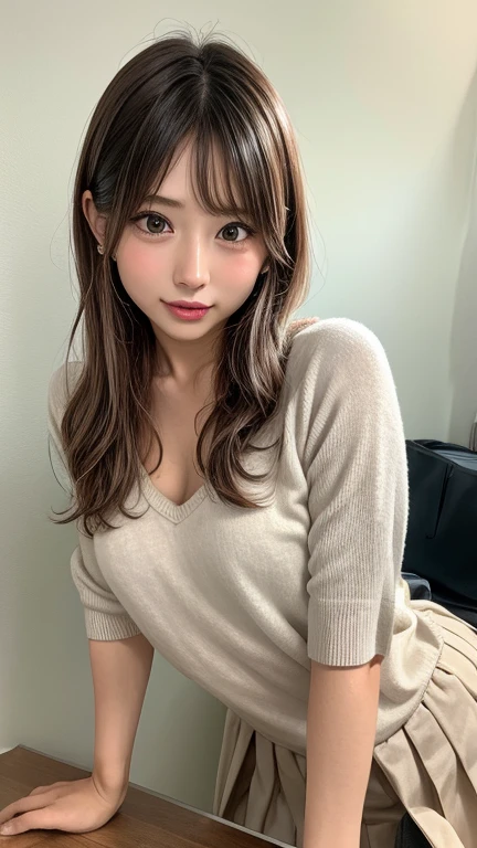 masutepiece, Best Quality, Illustration, Ultra-detailed, finely detail, hight resolution, 8K Wallpaper, Perfect dynamic composition, Beautiful detailed eyes, doress,Medium Hair, small tits, Natural Color Lip, Random and sexy poses,Smile,Home，20 years girl，Cute,Winter clothes,Raw photo,a room(futon bedding),Blur the background