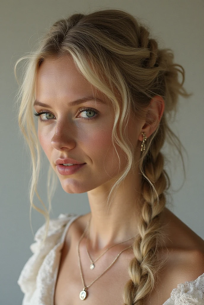 award winning glamour photograph,((best quality)), ((masterpiece)), ((realistic)), piercing eyes, looking straight, very happy, blonde hair, quad braids, afternoon light, slim waist,
