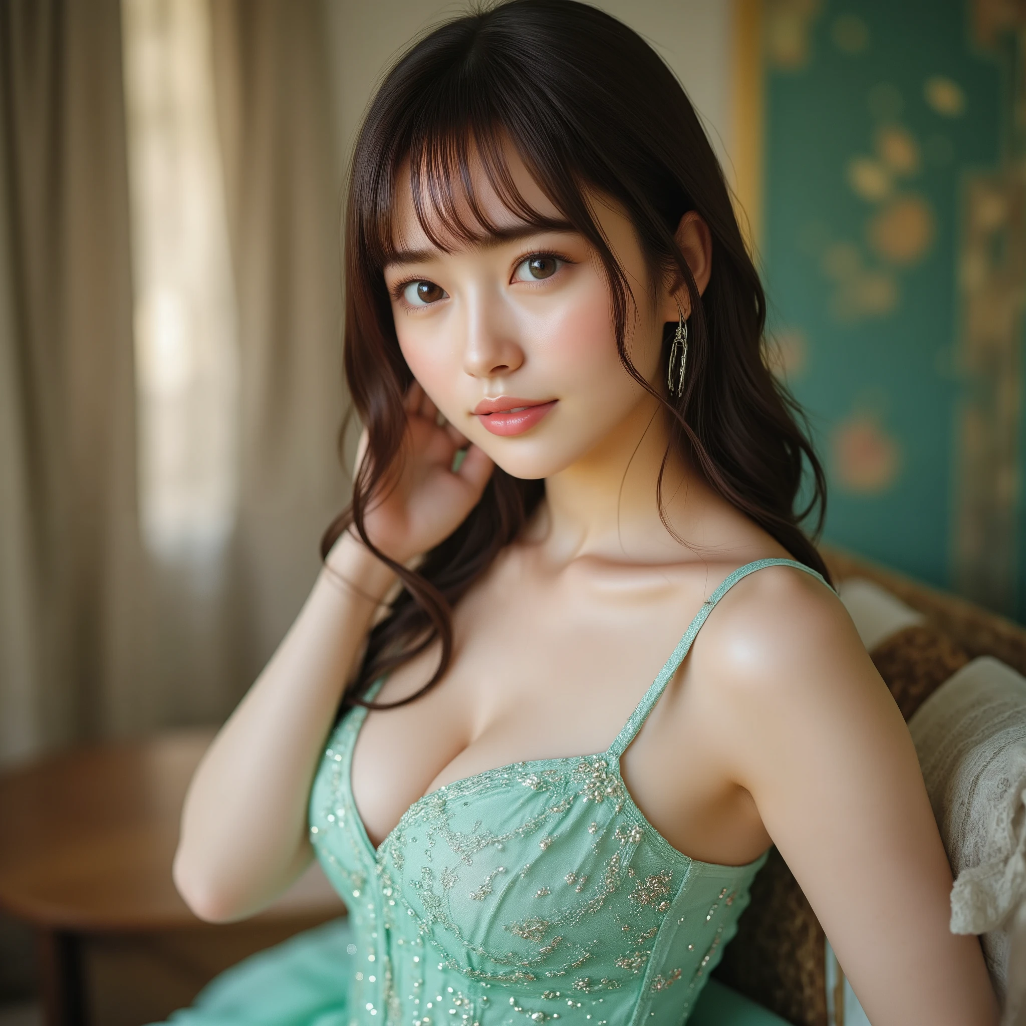 Sheer corset bodice , (Live Action of a Goddess Inspired by Libra), (Highest Quality), (Super High Accuracy 16K Wallpaper), (photorealistic), (Japanese Top Idol 24 Years Old), (Middle Dress with Constellations Shining in a Goddess Dress), BREAK, Beautifully Detailed Shading , ultra clear focus, Beautiful Details and Brilliance, Movie Lighting, shallow depth of field, (beautiful Japanese face), (Soft Wave Long Hairstyle), (Shimmering Light Brown Hair), (shining eyes), (F cup ), (beautiful ), (Beautiful legs), (beautiful skin), Beautiful Slim Slender Body, Open Your Mouth and Smile: 1.2), (watch viewers), (Woman in a Light Turquoise Green Sleeveless Lace Mini Dress),