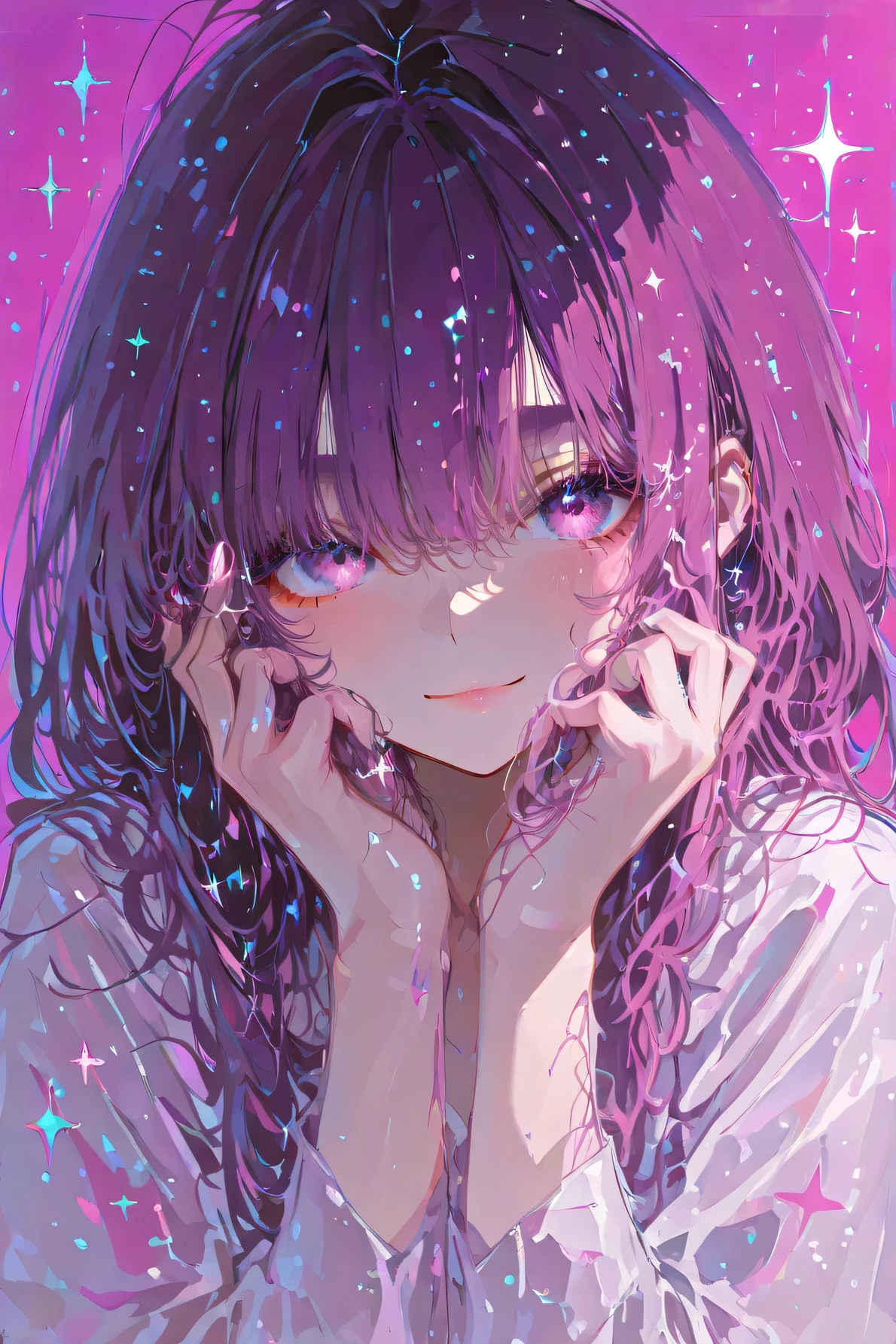 masterpiece, Highest Quality, great quality, Pink purple eyes, black髪、solo, sparkle、sparkle、reality、Thinning、detail、Thinning、high resolution、1 person、Without hands、solo、1 personの全身、simple chest background、glitter glitter 、are great、are great、 seated、black、white、whiteblackイメージ、Clear