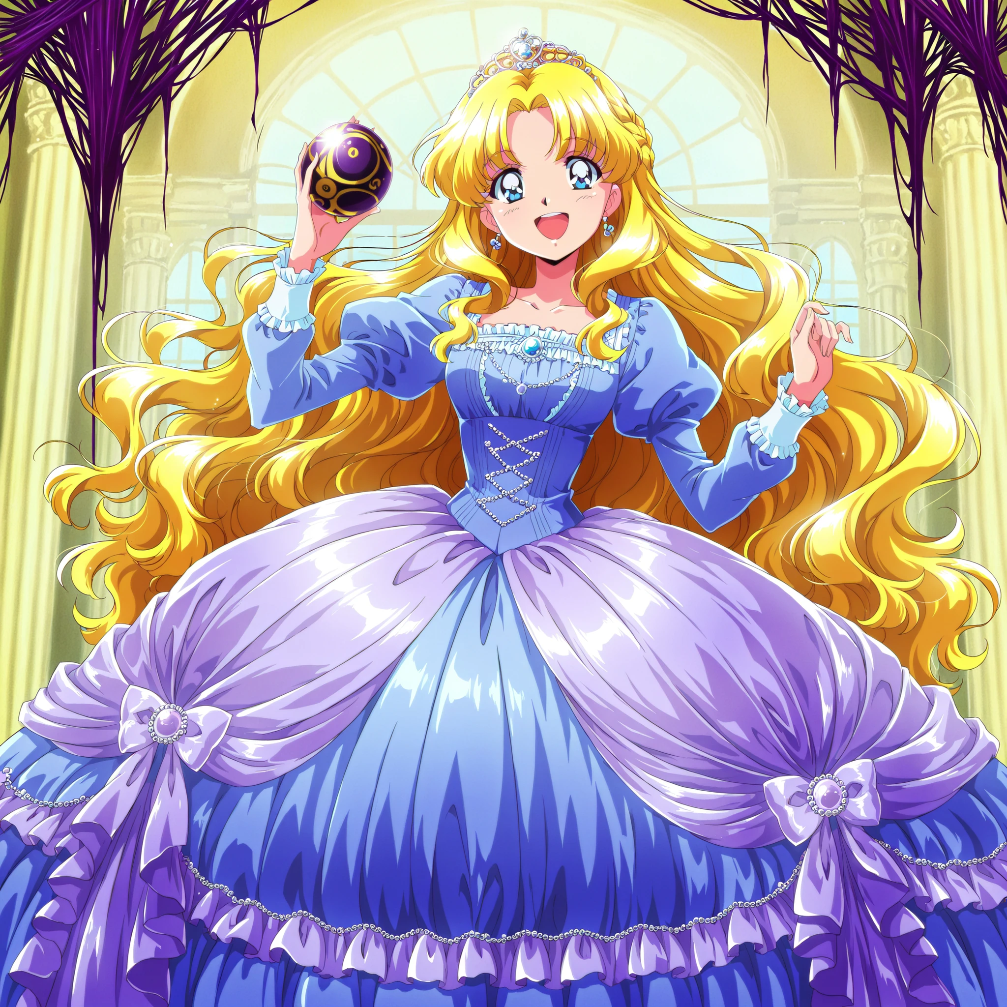 masterpiece, so beautiful, (Anime Coloring, anime screenshot), OFFICIAL ART, illustration, 90s Anime Style,
1girl, solo,masterpiece, Highest Quality, Ridiculous, OFFICIAL ART, Official Style, Cute Princess, she's laughing,((purple silk satin victorian style big ball gown dress:1.5)),short,long sleeve,The dress is adorned with lots of ruffles and ribbons., they have long blond wavy hair that is waist-length,They wear a princess tiara on their head,I'm wearing a princess tiara on my head,Detailed background 1.0