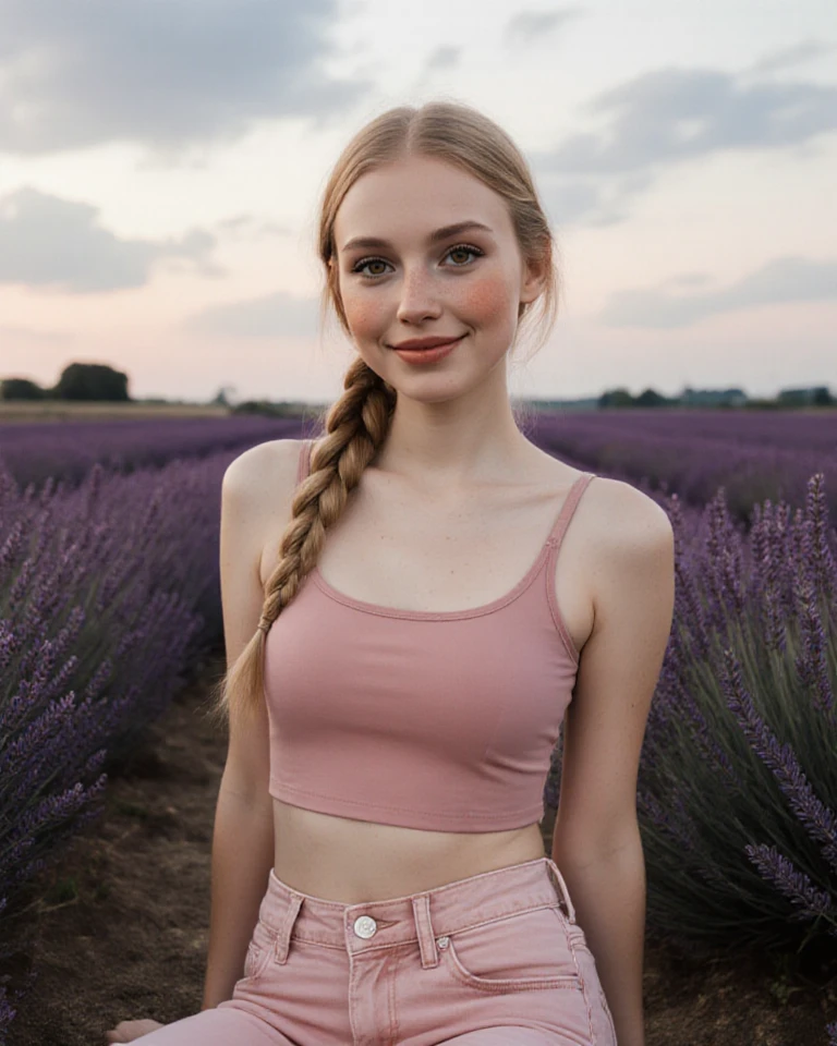 Petite with very long wavy blond hair and very white and pink skin and freckles with honey-colored eyes and an exaggeratedly beautiful face, posing tenderly in a wheat field at sunset with pink clouds , mischievous smile, sitting on the floor