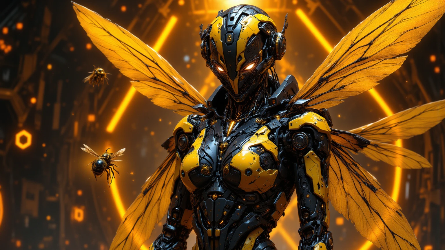 a wasp with electronic circuit parts, cyberpunk, mechanical wasp, robotic insect, futuristic, intricate details, machinery, technology fusion, gears, wires, steampunk, dystopian, dark atmosphere, moody lighting, muted color palette, photorealistic, 8k, best quality, masterpiece, ultra-detailed