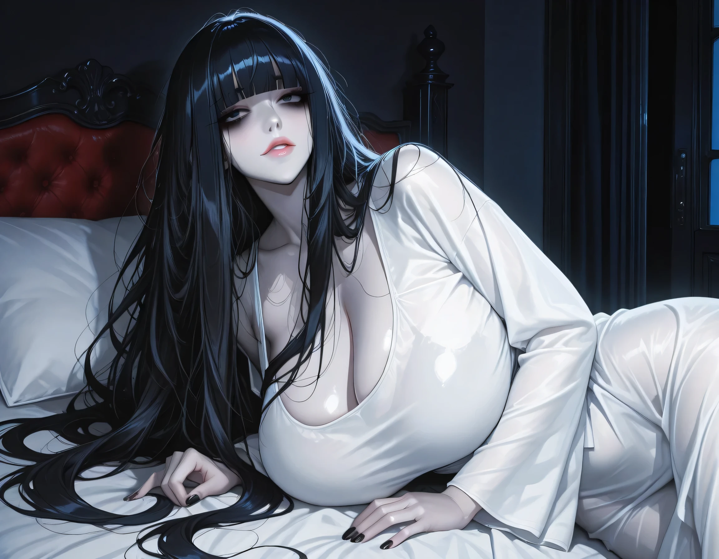 score_9, score_8_up, score_7_up,amazing quality,highly detailed,source_anime,kagami artstyle,sharp face,clear eyes,solo,5'57"_woman,adult woman,25 years old,yamamura sadako,Jyunazhenzi,beautiful detailed black_eyes,gigantic_breasts,voluptuous_body,big eyes,pale-skin,very_long_hair,black_hair,(((disheveled hair,blunt-bangs))),white_dress,lack eyeliner,black eyeshadow,female_black nails,wide_hips,(Dark_Shadows_Under_Eyes:1.1),,lie,bedroom,on_the_bed,midnight,MOONnight,high_contrast,Contrasting light and shadow,Cinematic Lighting ,