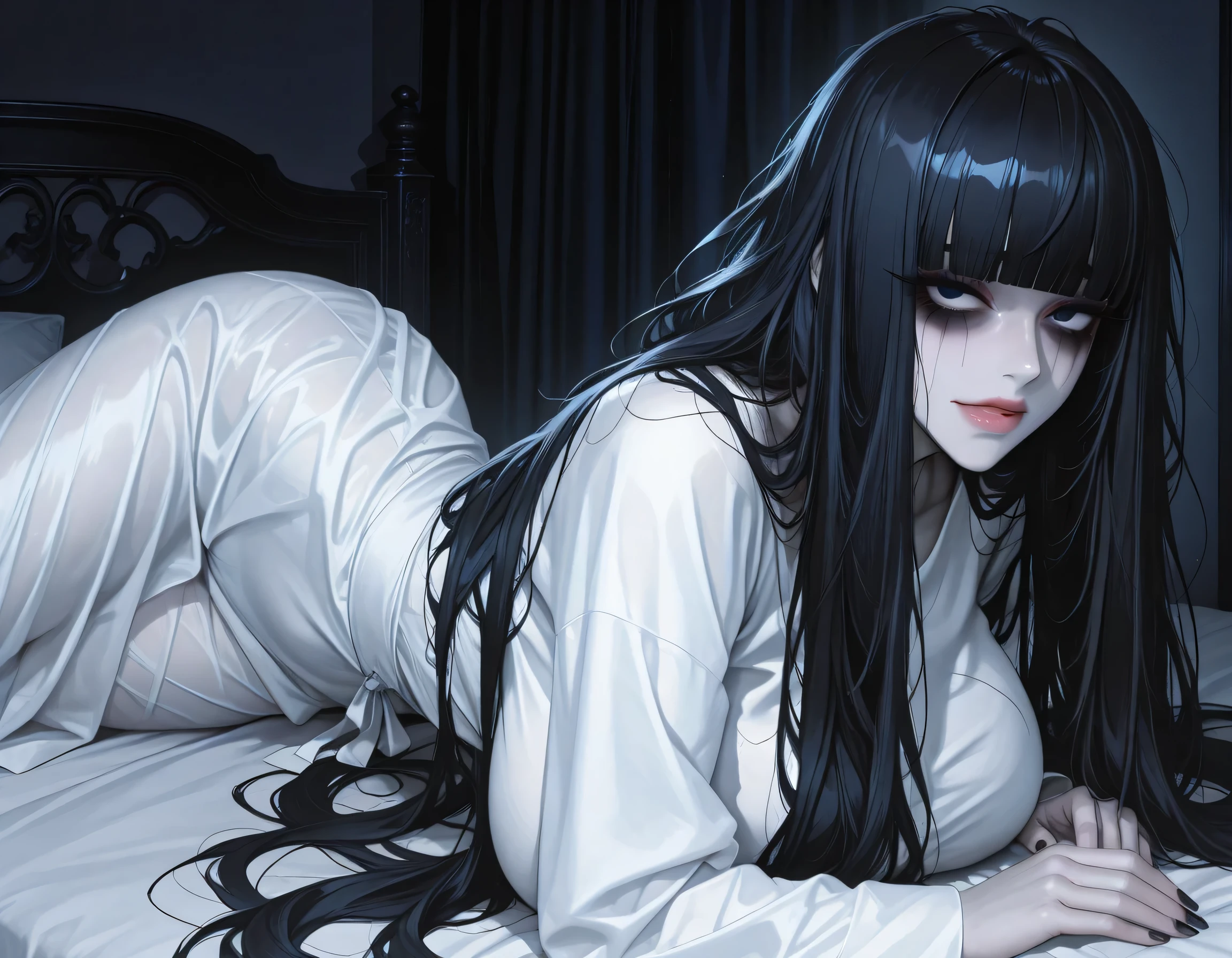 score_9, score_8_up, score_7_up,amazing quality,highly detailed,source_anime,kagami artstyle,sharp face,clear eyes,solo,5'57"_woman,adult woman,25 years old,yamamura sadako,Jyunazhenzi,beautiful detailed black_eyes,gigantic_breasts,voluptuous_body,big eyes,pale-skin,very_long_hair,black_hair,(((disheveled hair,blunt-bangs))),white_dress,lack eyeliner,black eyeshadow,female_black nails,wide_hips,(Dark_Shadows_Under_Eyes:1.1),,lie,bedroom,on_the_bed,midnight,MOONnight,high_contrast,Contrasting light and shadow,Cinematic Lighting ,