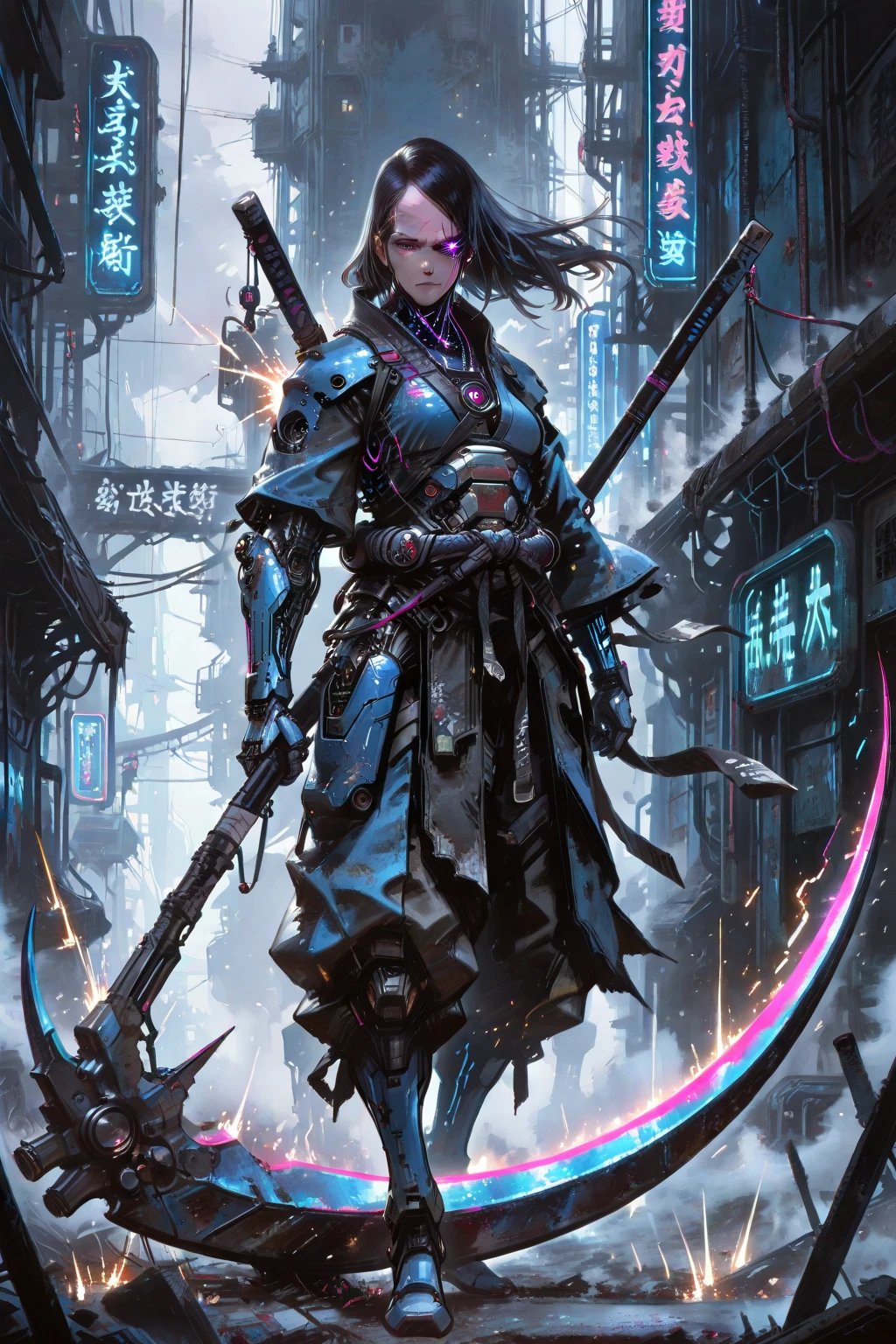 Hyperrealistic version of a woman kneeling down with a sword in her hand, very beautiful cyberpunk samurai, anime cyberpunk art, cyberpunk samurai, cyberpunk anime art, anime cyberpunk, cgsociety 9, digital cyberpunk anime art, style of maciej kuciara.1girl, samurai armor, helmet oni evil mask,intricate, ornaments detailed, cold colors, metal, egypician detail, highly intricate details, realistic light, trending on cgsociety, glowing eyes, facing camera, neon details, ultra realistic details, portrait full body, japanese atmosphere, global illumination, shadows, octane render, 8k, ultra sharp.cool lolita. 