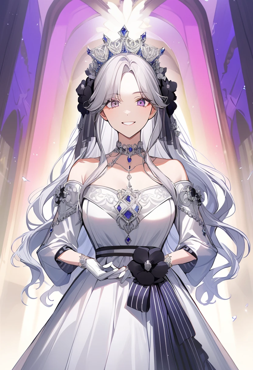 Quartz. Louis (luxurious wheels) (Azur Lane), 1 Girl, Hair accessories, earrings, necklace, portrait, Silver dress, Revealing clothes, Looking at the audience, Solitary