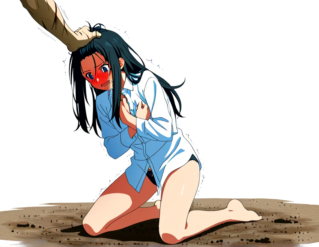 (masterpiece), best quality, expressive eyes, perfect face, big ???, 1girl, chib, flat ?????, angry, looking back, ????????????, bite marks on ???, torn shorts, (bitten by wolf)