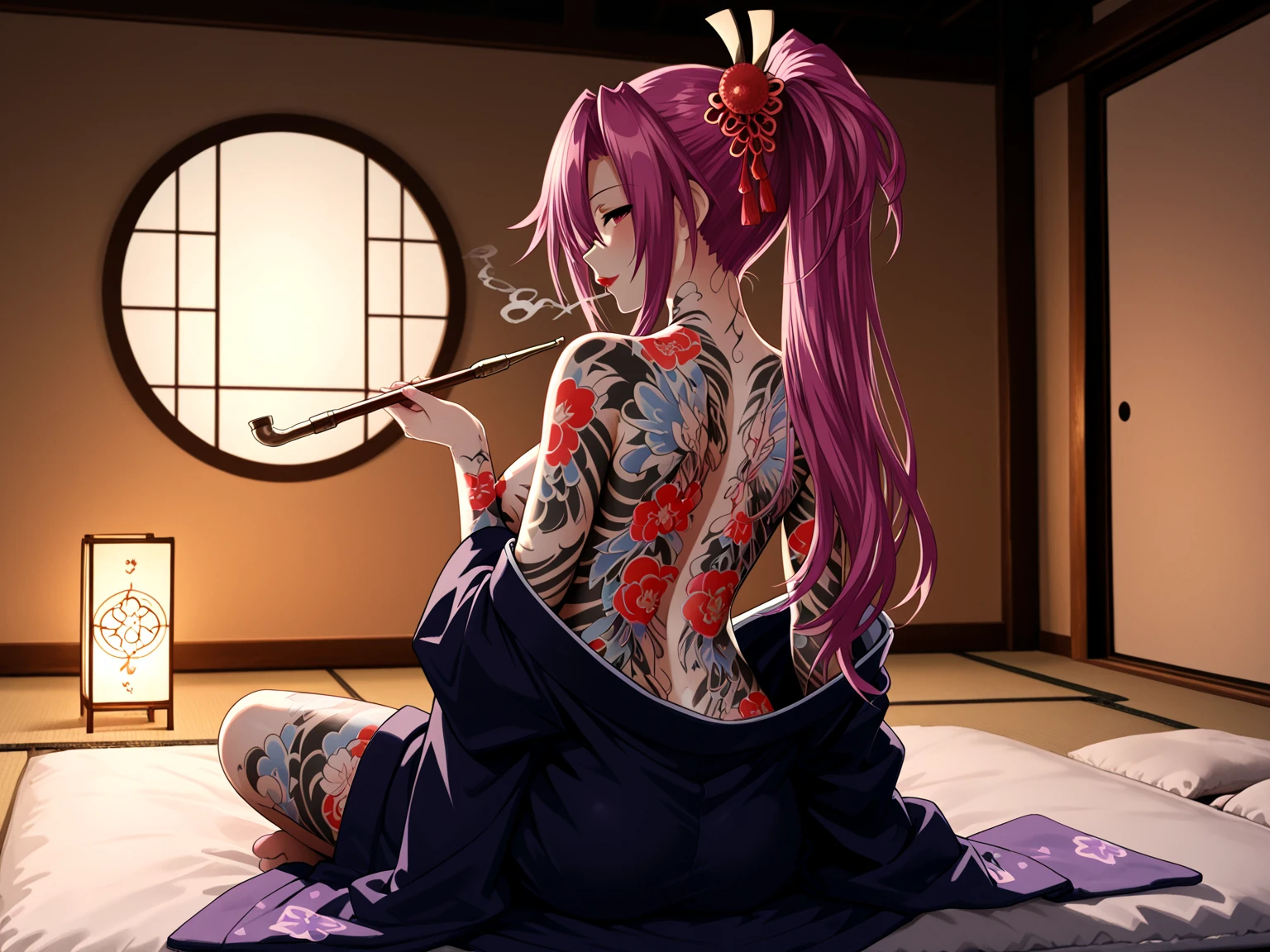 (masterpiece, Highest quality, Highest quality, Official Art, beautifully、aesthetic:1.2),One girl, tattoo, alone, kimono, hair ornaments, Pink Hair, 背中一面 tattoo, 綺麗なflowerのtattoo, Violet Eyes, Off the shoulder,  shoulders, Recall, , flower, View your viewers, Holding, compensate, indoor, Pink cat ears, Plump Ass