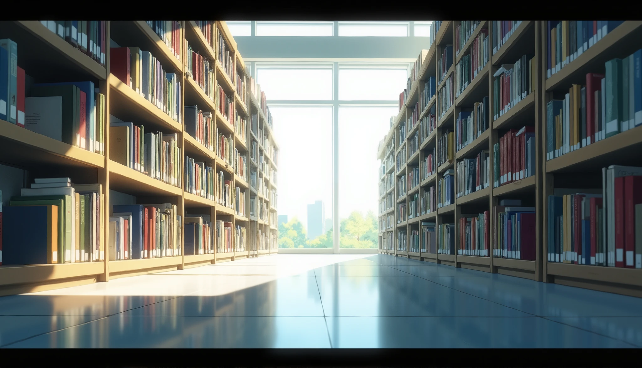 low angle、Aori、anime style、 Libraries 、White light、Vertical Composition 、angle from the front、modern、square window
