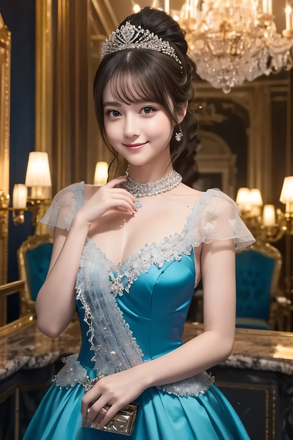 faceup, dramatic composition, court dress, royal, nice, cascading ruffles, raffle, bow, crystal chandelier, roman curl hairstyle, place, double ponytail like a drill, look at the camera, bangs, maximalism, palace-like background, delicate hair and eye depiction, princess blue dress, nice skirts, flowers in hands, smile, starry eyes, cinematic light, extreme details, high definition, happy girl, very long hair, diamond with s, broken diamond with s, crystal fragment, light particles, whole body