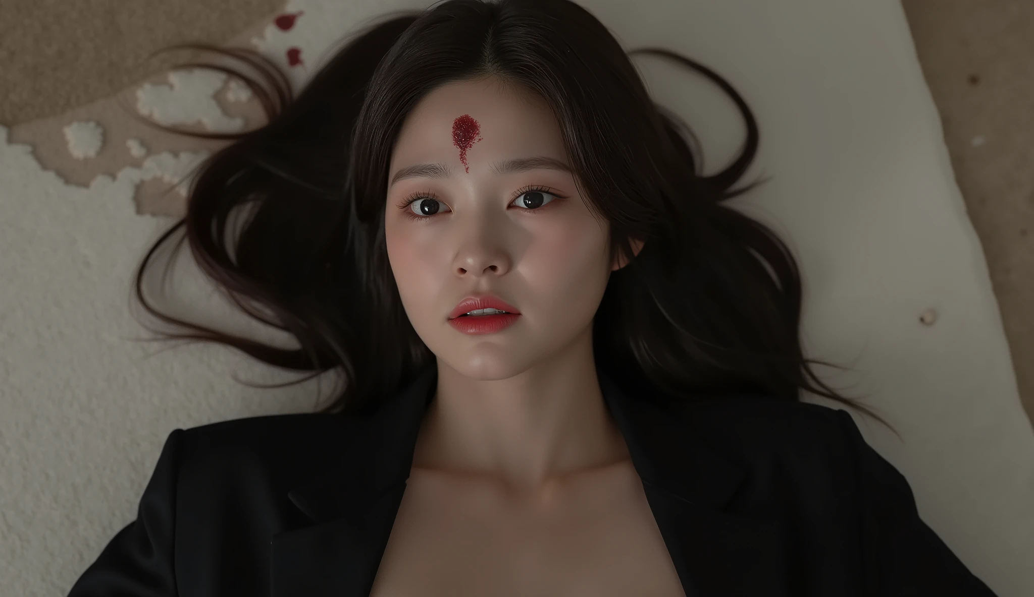 Masterpiece Most Realistic Photograph Detailed but Slightly Dull Background Sharp Personalities Best Quality (Wallpapers 8K Very High Detail) (best illustration) (The best shadow) Realistic Lighting High Resolution Realistic 30 year old Asian woman, handsome, wearing a black suit, showing a slight chest, she was shot in the forehead, bullet wound in the middle of the forehead, bullet hole on the top Her forehead was slightly bleeding, no hair covering her face, her eyes drooping wide in fear, her mouth open, her face full of emotion, showing a sexual climax, but she died, lying on her back on a blood-stained white carpet in a luxury hotel.
