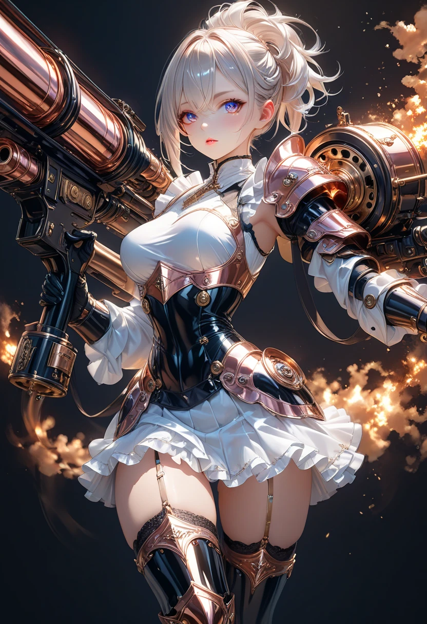 ultra detailed, absolutely resolution, masterpiece, highly detailed, sharp focus, vivid colors, soft lighting, cinematic composition, beautiful woman, platinum color, quirky stand on end hairstyle with uneven hair length, attractive eyes, seductive lips, lewd expression, seduction, make up, lewd great model-like body proportion, wearing (shiny copper plated) armor, ruffled black mini skirt, black garter stockings, firing a Gatling gun, background iridescent calculated using AI technology, extremely delicate depiction, extremely clear image, 2.5D, artistic photography, hyper realistic