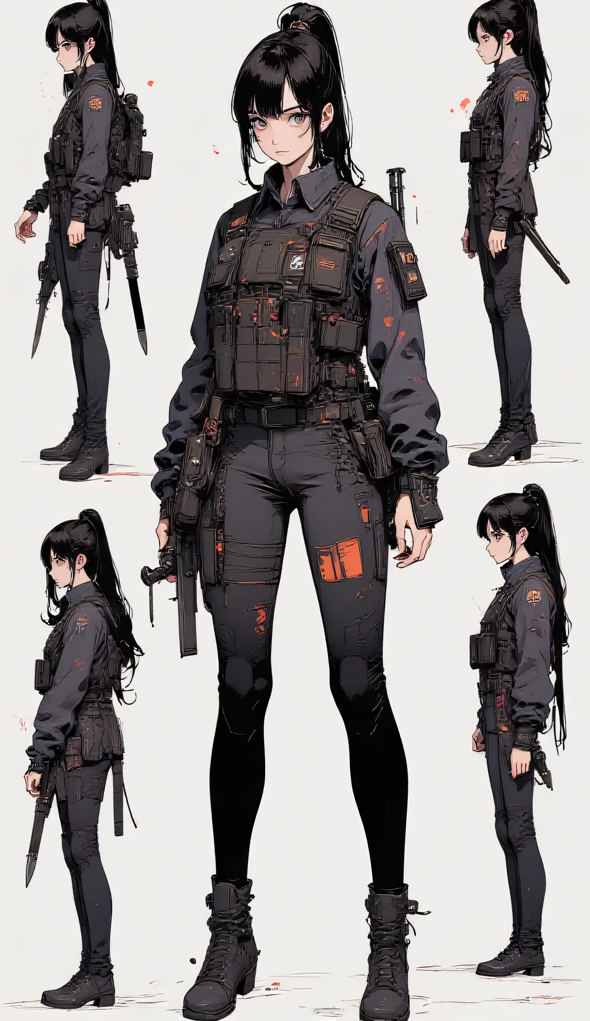 Character sheet, anime style, tough athletic woman in late 30s, dark hair in tight ponytail, tactical gear, bulletproof vest, combat boots, rifle on shoulder, knife on thigh strap. Confident posture, scars and dirt on face and clothes. Multiple views (front, side, back), multiple poses, full body, various facial expressions (serious, commanding, angry, focused). Simple gray background, concept art, highly detailed, full character sheet design.