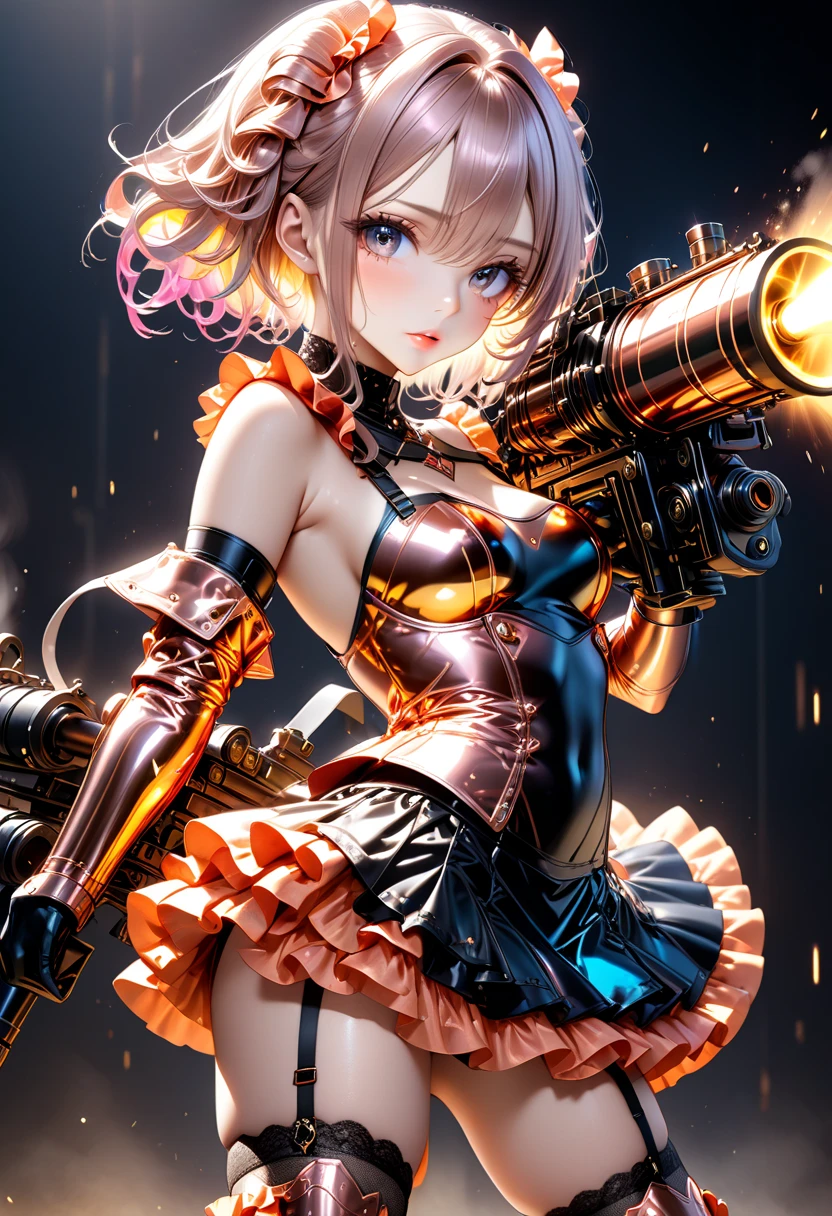 ultra detailed, absolutely resolution, masterpiece, highly detailed, sharp focus, vivid colors, soft lighting, cinematic composition, beautiful woman, platinum color, quirky stand on end hairstyle with uneven hair length, attractive eyes,  lips,  expression, , make up,  great model-like body proportion, wearing (shiny copper plated) armor, ruffled black mini skirt, black garter stockings, firing a Gatling gun, background iridescent calculated using AI technology, extremely delicate depiction, extremely clear image, 2.5D, artistic photography, hyper realistic