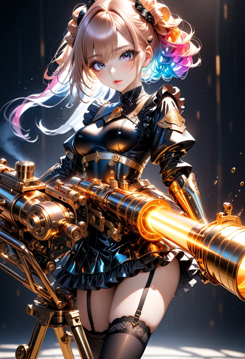ultra detailed, absolutely resolution, masterpiece, highly detailed, sharp focus, vivid colors, soft lighting, cinematic composition, beautiful woman, platinum color, quirky stand on end hairstyle with uneven hair length, attractive eyes, seductive lips, lewd expression, seduction, make up, lewd great model-like body proportion, wearing (shiny copper plated) armor, ruffled black mini skirt, black garter stockings, firing a Gatling gun, background iridescent calculated using AI technology, extremely delicate depiction, extremely clear image, 2.5D, artistic photography, hyper realistic