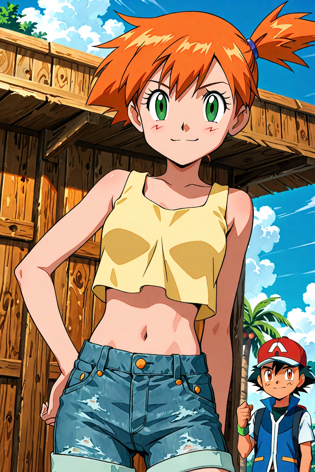 masterpiece, best quality, highres, outdoors, 1girl, solo, misty (pokemon), side pony tail ,glossy lips ,team rocket uniform, red letter R, white skirt,white crop top,black thigh-high boots, black elbow gloves, smile, evil face ,looking at viewer, cowboy shot, hands on , building with big red R in the background
