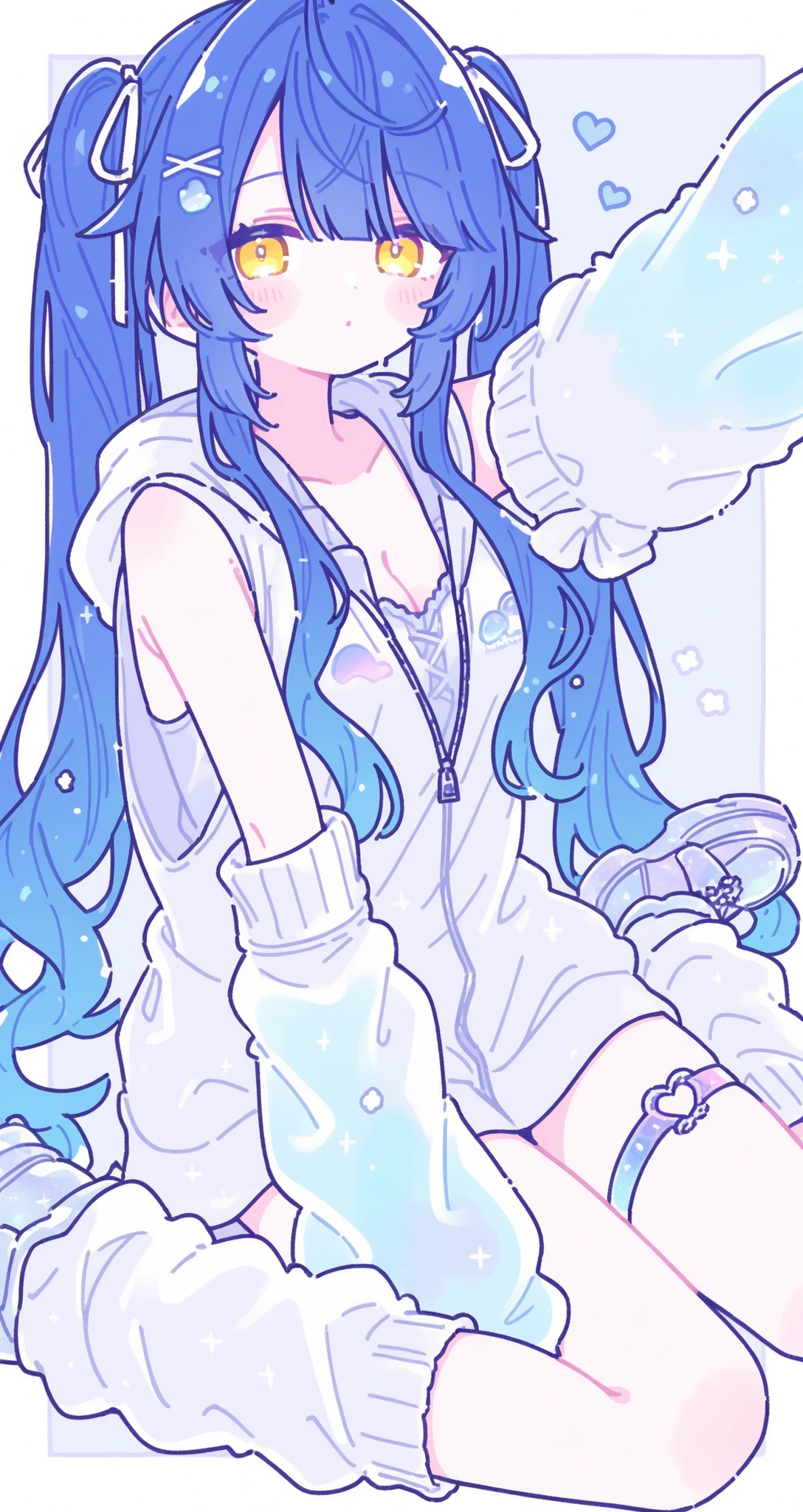 Sleeveless hoodie, clothes with heart shaped holes, Cleavage, oversized arm warmers, loose socks, Amamiya Kokoro, wariza, garter ring