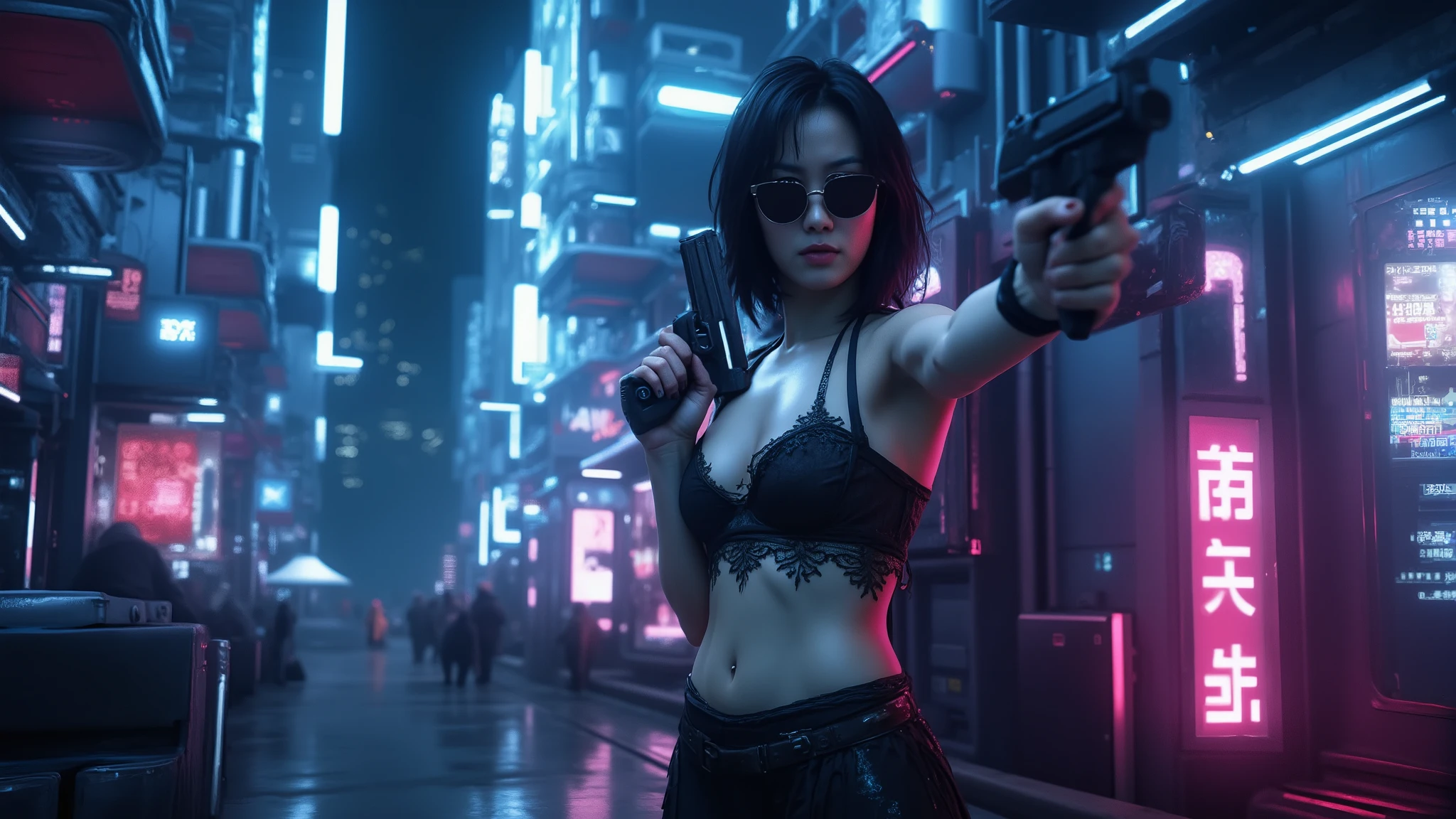 (((low angle view))). Translucent Chinese girl in mid-ground, half-body medium:1.8 shot, open legs, transparent:0.1 short:0.1 black shift dress, cleavage, large-breast:1.2, (beautiful face), her short:0.1 pistol drawn and aiming at viewer, Matrix style micro sunglasses, (((appears at the right half of the frame, positioned in the middle-right, cinematic shot, rule of thirds composition))), slim:0.7 body, (((serious look))), slim face, (((black lace tiny bra and black lace G-string micro panty))), Matrix city at night in the background, (best quality, 4k, 8k, highres, masterpiece:1.2), ultra-detailed, (realistic, photorealistic, photo-realistic:1.37), digital art, sci-fi concept art, intricate details, (dramatic lighting, neon lights, glowing wires, cyberpunk aesthetic, futuristic), blue and purple color tones, cinematic composition.