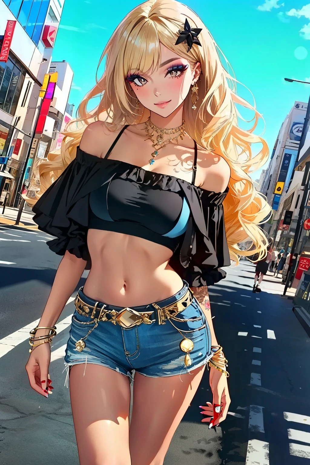 (masterpiece, best quality, high resolution, 8k:1.2), highly detailed, sharp detailed, textured skin, soft lighting, ultra high definition, beautiful body, beautiful skin, beautiful breasts, beautiful arms, beautiful hands, beautiful legs, beautiful face, beautiful eyes, symmetrical eyes, (slim, lanky), (1 girl), (tanned skin:1.1), (brown eyes, gal makeup, false eyelashes, gradient eyeshadow), (blonde hair, long hair, wavy hair, hair ornament), (fingernails, nail polish), (collarbone, tattoo, off shoulder, navel, shorts, bracelet, jewelry, boots, gal fashion), (japanese city, shibuya city, day, blue sky), smile, looking at viewer, dutch angle, soft gradient eyeshadow, subtle fine shimmer, seamless blend, two-tone layered eyeshadow technique,