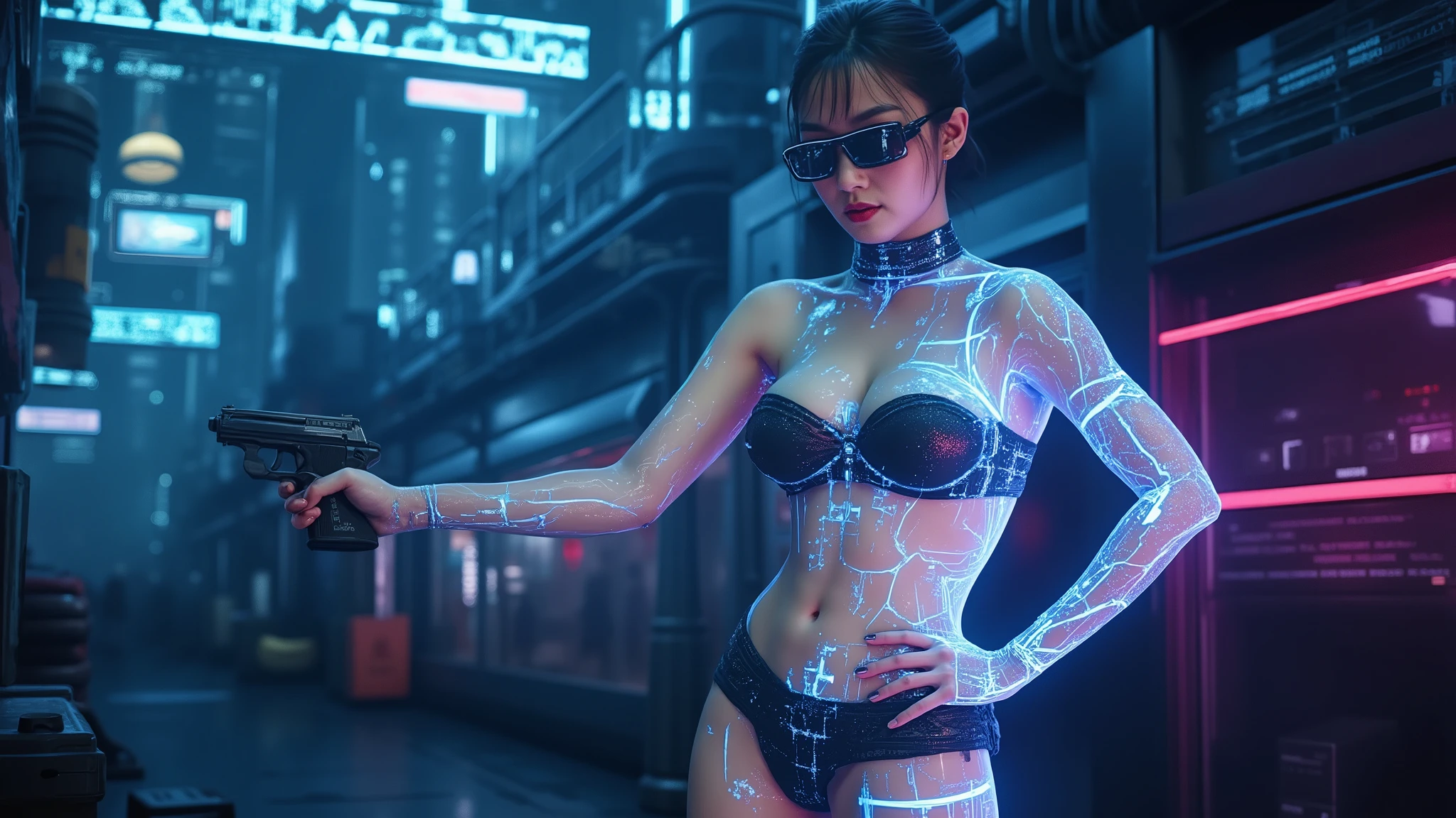 (((low angle view))). Translucent Chinese girl in mid-ground, half-body medium:1.8 shot, open legs, transparent:0.1 short:0.1 black shift dress, cleavage, large-breast:1.2, (beautiful face), her short:0.1 pistol drawn and aiming at viewer, Matrix style micro sunglasses, (((appears at the right half of the frame, positioned in the middle-right, cinematic shot, rule of thirds composition))), slim:0.7 body, (((serious look))), slim face, (((black lace tiny bra and black lace G-string micro panty))), Matrix city at night in the background, (best quality, 4k, 8k, highres, masterpiece:1.2), ultra-detailed, (realistic, photorealistic, photo-realistic:1.37), digital art, sci-fi concept art, intricate details, (dramatic lighting, neon lights, glowing wires, cyberpunk aesthetic, futuristic), blue and purple color tones, cinematic composition.
