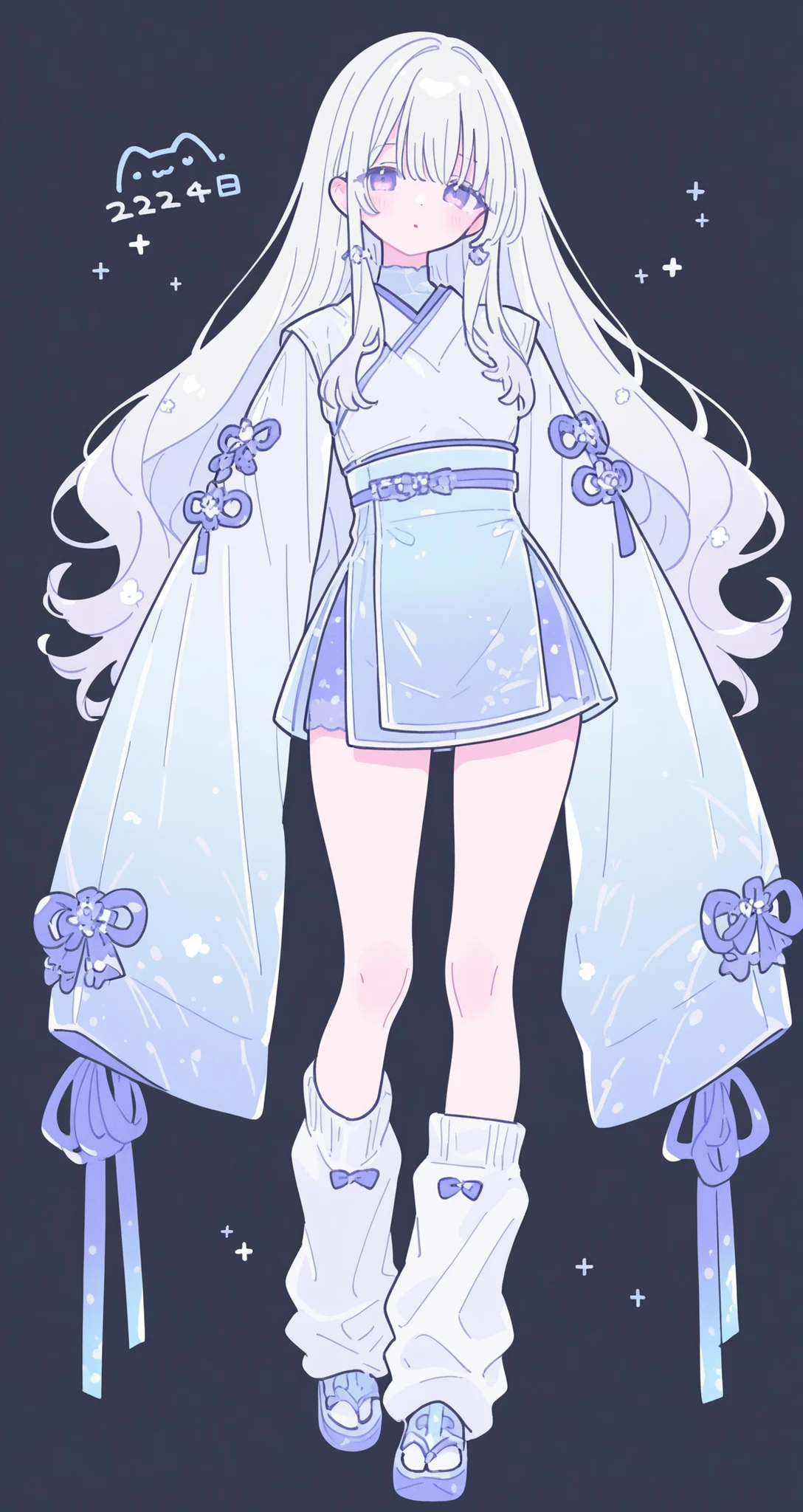 short skirt, flat chest, clothed, covered body, tight clothes, cropped clothes, oversized longsleeve, loose socks, medium breasts, long hair, detailed clothes decoration, kimono, a