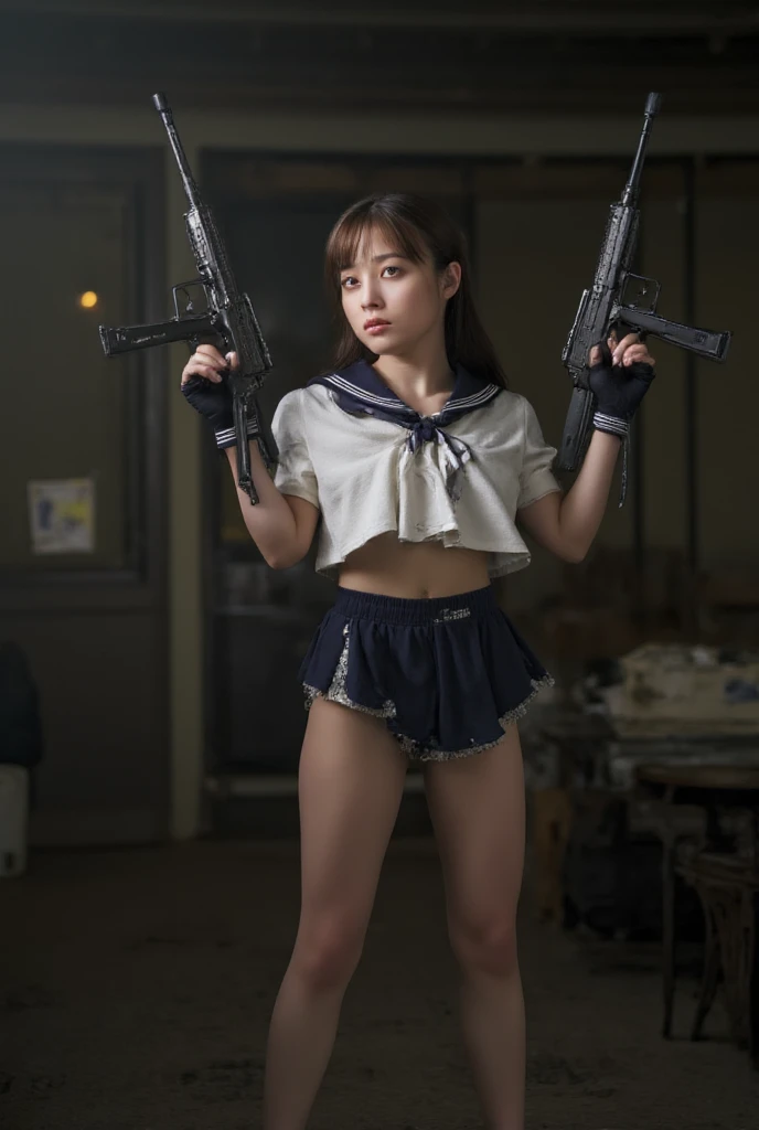 a young woman in a dilapidated room. she is wearing a white top with a black tie, black panties, and black shoes. she is holding a weapon, possibly a gun, in her hands. the room has a worn-out appearance with chipped walls and debris scattered around. the woman's pose and attire suggest a mix of casual and school uniform elements., solo, panties, underwear, school uniform, no pants, navel, black hair, side-tie panties, serafuku