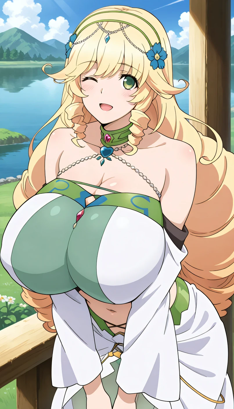 masterpiece, best quality, very aesthetic, absurdres, newest,
Sofya_O, 1girl,solo,blonde hair, green eyes,long drill hair,flower hairband,tiara,
jewellery necklaces, choker,bare shoulders top,navel,detached sleeves,sarong,see-through skirt, gigantic breasts, clevage,
open mouth, smile, wink, one eye closed, blush, shy, happy, looking at viewer,v arms,blush,lake, bending forward, from side, from behind, cowboy shot,