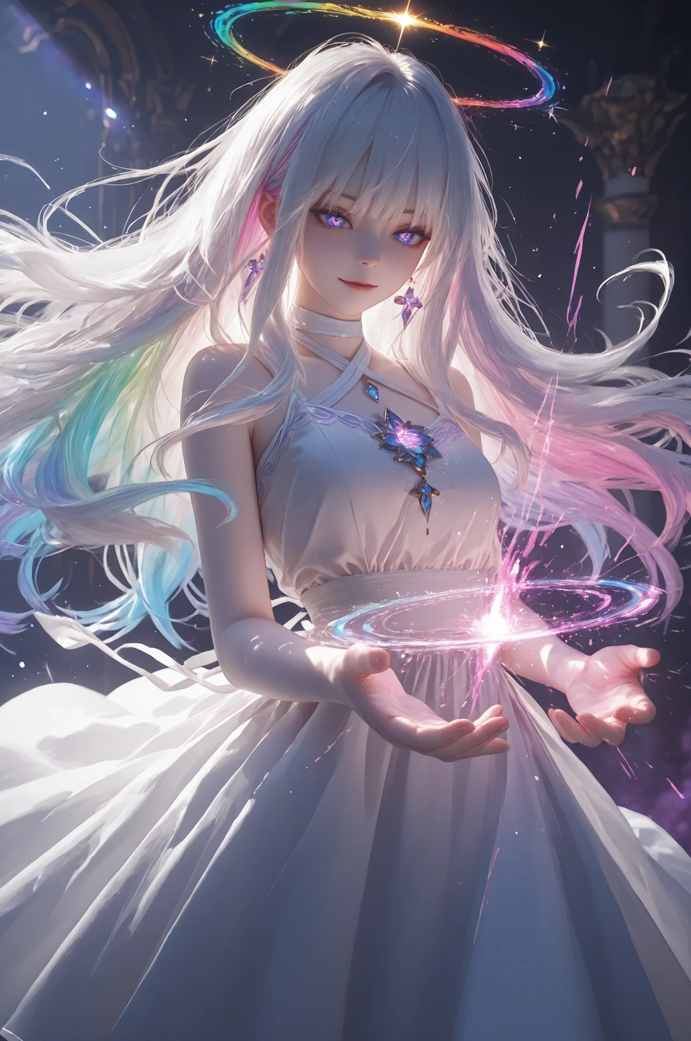 Ultra photorealistic 4K UHD render of a cute young woman with delicate Korean facial features, porcelain white skin, long silky white hair with bangs, flowing beautifully with rainbow highlights that shimmer under the light. Her enchanting eyes glow in shades of blue, pink, and violet, creating a magical aura.
She wears a simple yet elegant white dress, soft fabric flowing naturally.
Pose: She extends her right arm forward, opening a glowing rainbow-colored magical portal. Around her hand, sparkling rainbow energy particles swirl, with dazzling light effects. The portal itself glows with an iridescent edge, filled with swirling magical colors, radiating epic fantasy power.
Lighting & Atmosphere: Professional cinematic lighting with dramatic contrast. The scene is set in a moody, dim atmosphere, yet illuminated by the radiant glow of the portal. Rainbow light reflections scatter across her dress and hair, adding ethereal beauty.
Style: Hyper-detailed photorealism, cinematic fantasy composition, magical energy effects, ultra-sharp textures, bloom, atmospheric haze, depth of field. AAA game cutscene quality, epic movie-like rendering.
--ar 16:9 --v 7.0 --q 5 --style raw --quality 2 --hd --no text --no watermark