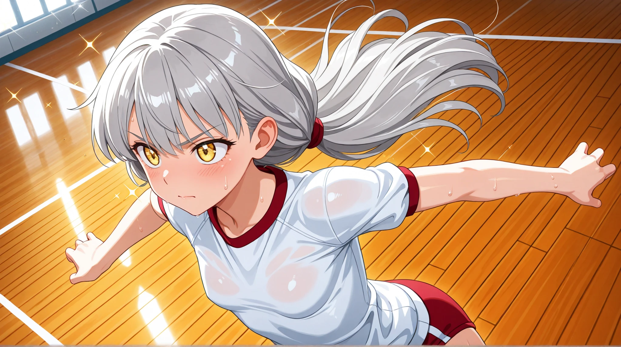 8K (high resolution) (Super Detailed) (masterpiece) (Highest Quality) anime illustration detailed eyes detailed face Feminine Detailed Hands Delicate hair detailed wrinkles on clothes fine skin detailed background solo yellow eyes (Grey Hair) Long hair tie the back of the hair with a red ribbon bungs (small breasts) flushed cheeks embarrassing expression Dance in the gym, Gym clothes, dynamic movement, Sparkle of Sweat, Serious Eyes, the wooden floor of the gymnasium, sunlight shining in, The dynamism of youth, Refreshing Atmosphere
