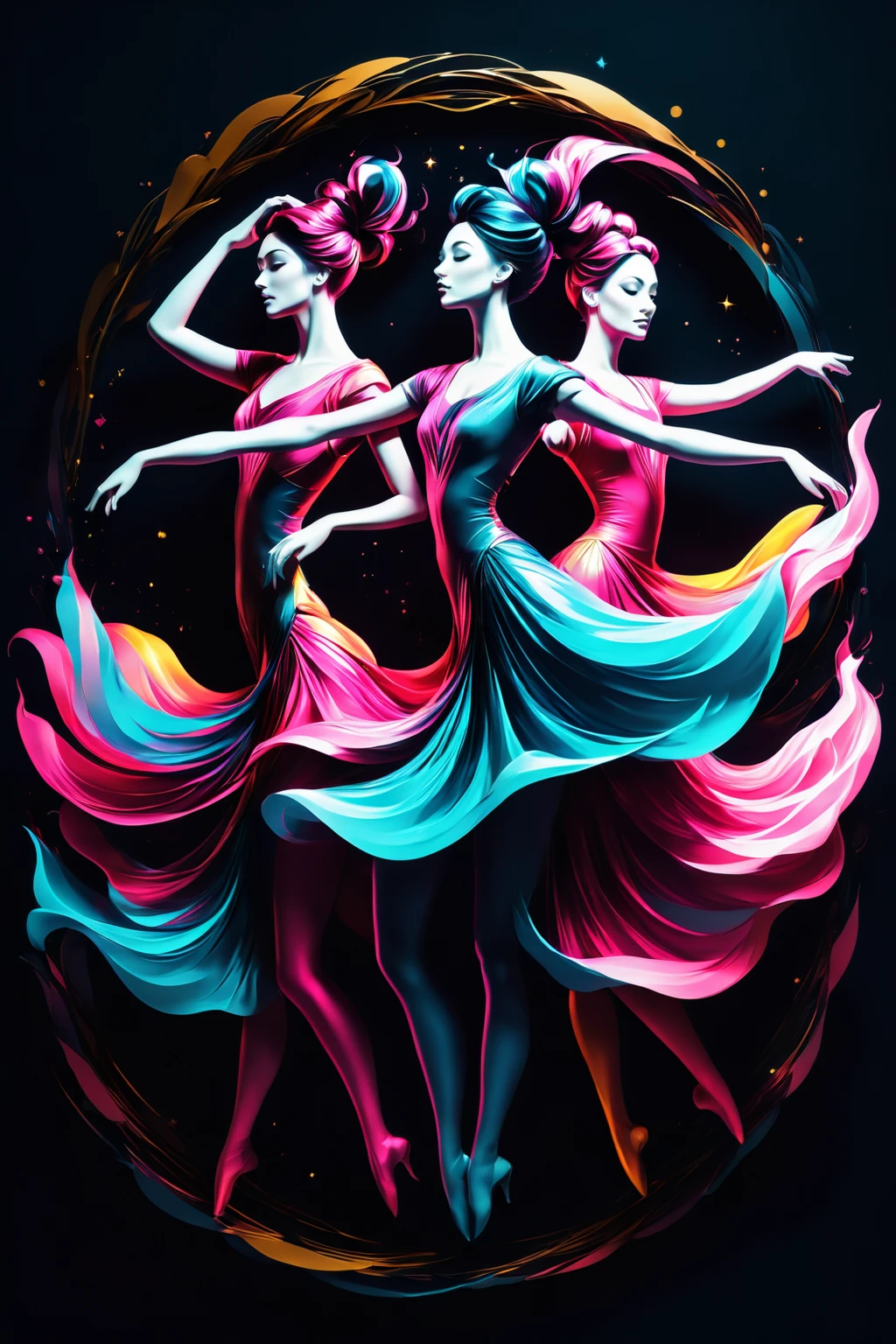 (masterpiece, high detail, high resolution, gentle art style, soft style), two women dancing in the raining paint, ((waving flowy cloaks made of liquid paint)), colourful paint raining, (thick rainbow paint hair: 1.8), sensual painting, paint raining on her, small hip, (small  and small : 1.9), (slim), full body view, ((no floor, bright background, abstract background))),  covered with paint, sfw, calm  expression, relaxed, ((clothes made of colourful paint, )), detailed, (volumetric paint explosions, vibrant colours, level difference detail)