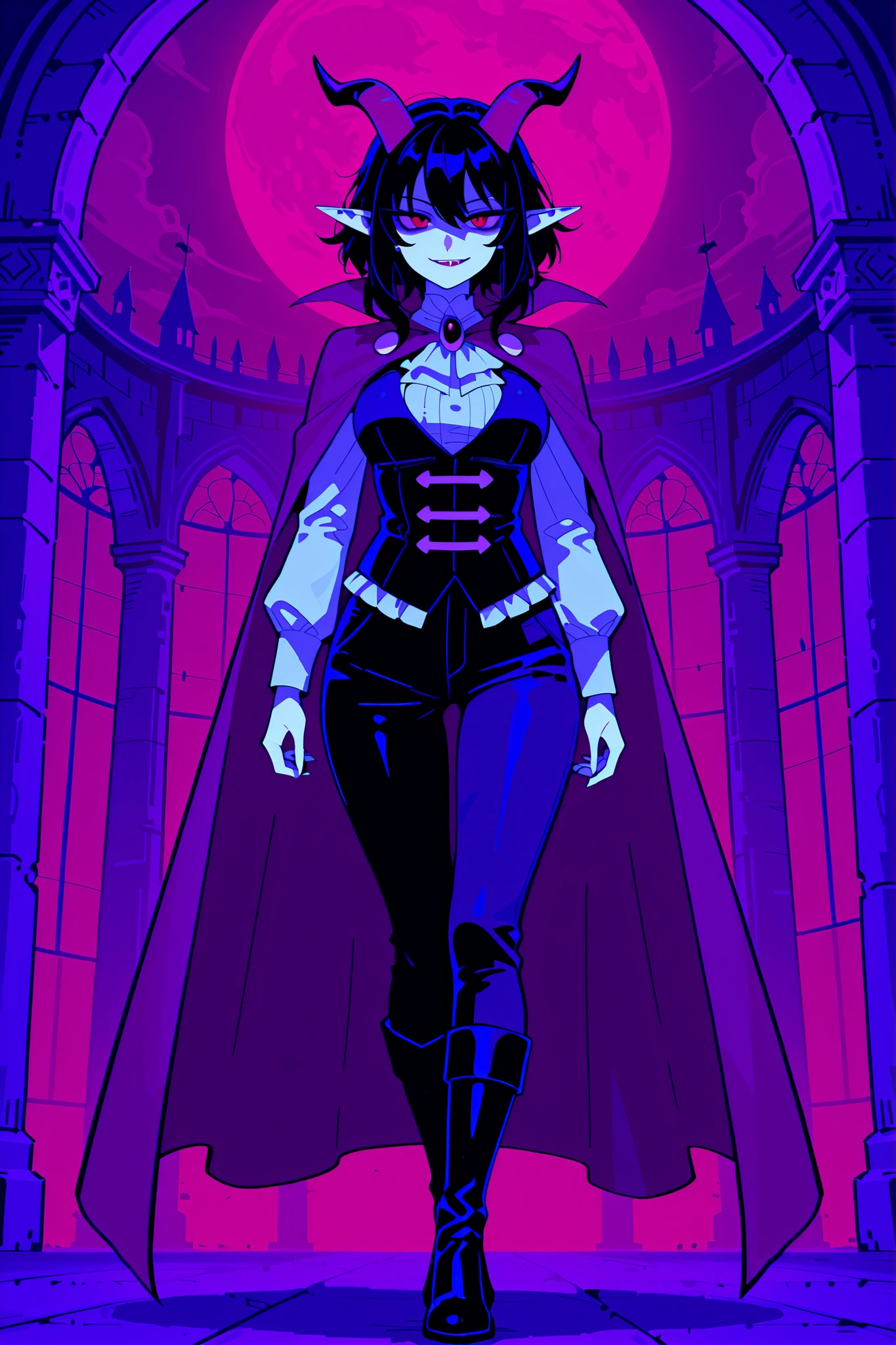 masterpiece , best quality , amazing quality , very aesthetic, adult girl, vampire, 1 person, alone, white skin, pale skin, tall, rounded elf ear, red eyes, drooping eyes, cold look, white pupil, short messy hair, black hair, bangs, horns, smirk,  maroon cape, vampire cape, white ruffled blouse, vest, pants, boots, elegant pose, background, dark magical castle, red light beaming throught the windows 