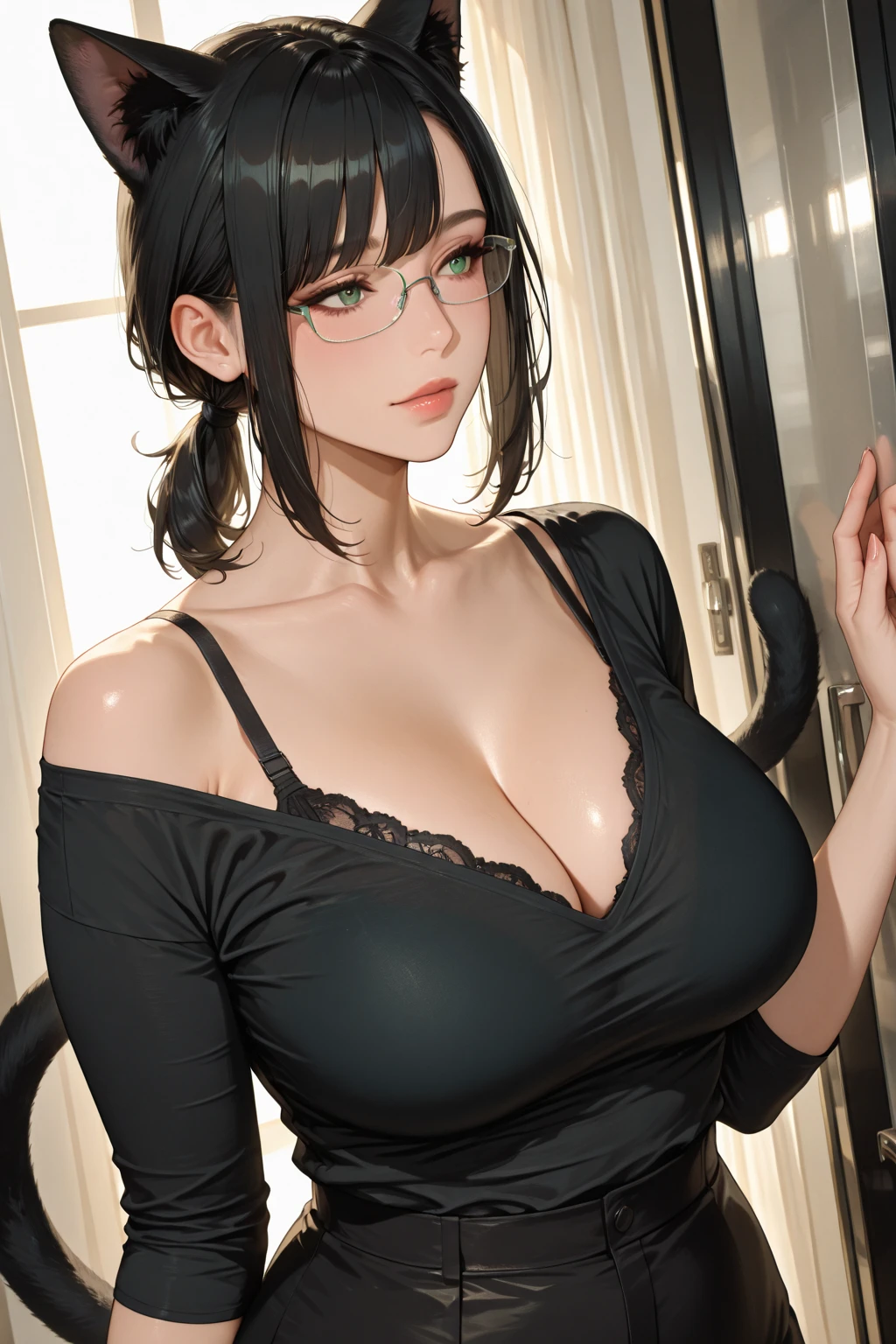 Girl with short brown hair, almond eyes, full lips with ??????????? and round glasses showing the ?????