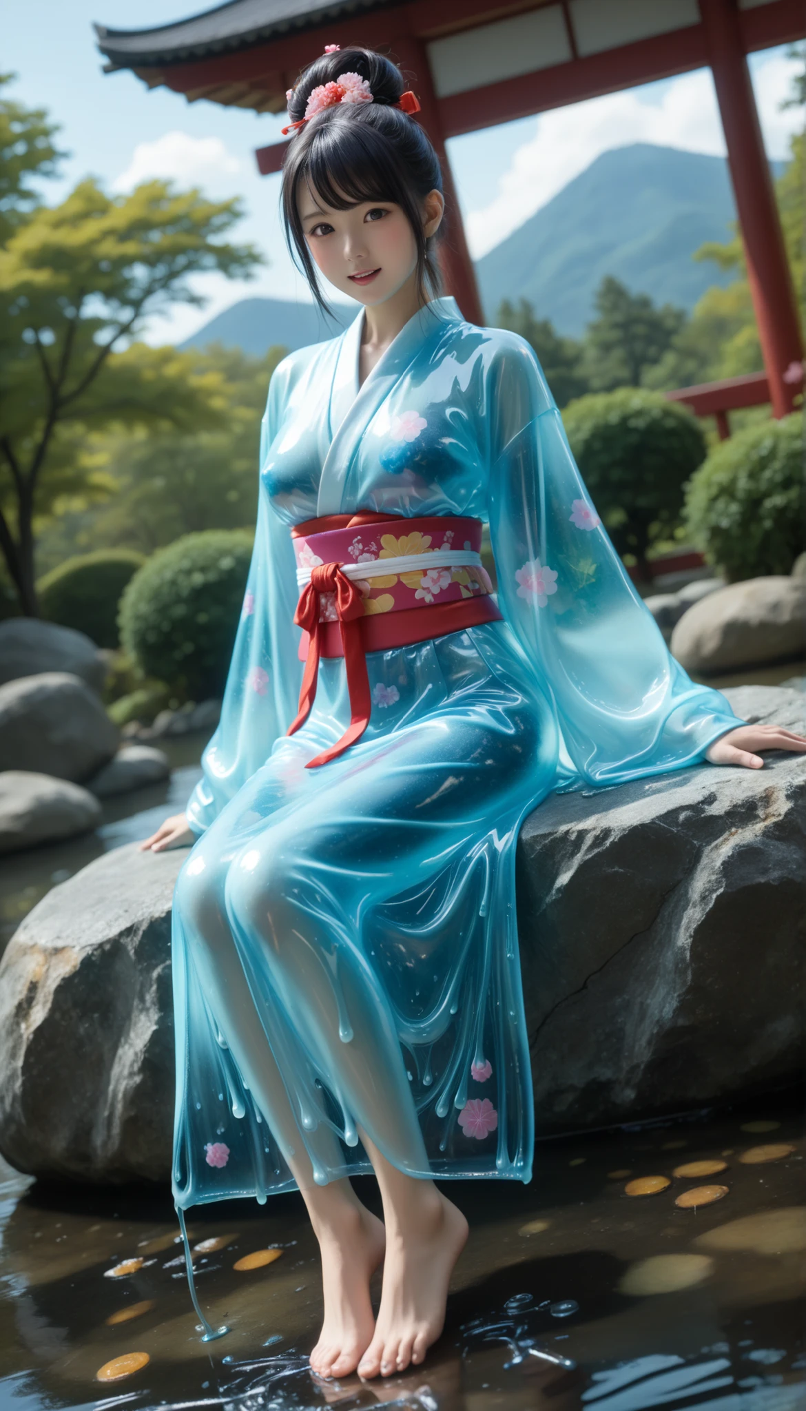 最High Quality 、High Quality 、 最high definition、high definition、8K quality、high image quality 、最High Quality、 masterpiece 、immersive video、 very realistic image 、Realistic Paintings、 perfect details 、 High contrast from outside of view 、High Fidelity、 perfect photo without blur、close to reality、 faithfully reproduced images down to the smallest detail、 EXQUISITE AND REALISTIC WEAPONS 、 Exquisite and realistic human skin 、 Realistic face in every detail、 realistic eyes with great attention to detail 、 realistic lips drawn with minimal detail 、 detailed and real teeth、Real Ears、 Realistic Hair 、((Japanese Model))、((gravure idol))、((Young face))、((black hair))、((rounded medium breasts))、((Stylish Body ))、(((Shiny skin all over the body )))、(((Mucous Slime )))、(((Mucous Jelly)))、((I wear a jelly kimono made of transparent slime,透明なMucous Slime が肌にぴったりとフィットする))、((wear a jelly kimono made of transparent jelly,透明なMucous Jellyが肌にぴったりと密着する))、((The transparent jelly kimono dissolves))、((the skin is visible through the transparent jelly kimono))、(((Mucous Slime )))、(((Mucous Jelly)))、((wear a mucous kimono made of transparent jelly,透明なMucous Slime が肌にぴったりとフィットする))、((wear a mucus kimono made of transparent jelly,透明なMucous Jellyが肌にぴったりと密着する))、((the transparent mucus kimono is melting and dripping))、((the skin is visible through the transparent mucus kimono))、((traditional Japanese garden))、((Blue Sky))、((( and sits on a rock)))、(((Full body view from head to toe,)))、(((Look at her from a random angle)))