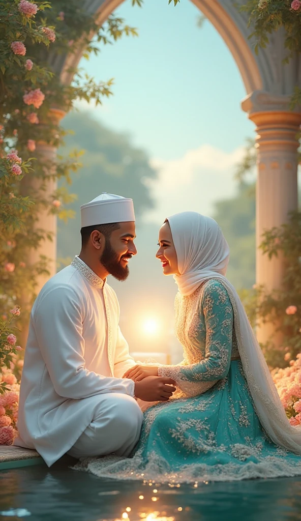 A Islamic boy and a Islamic girl with white dress, a catching hand each other, sitting in the مدینہ مکرمہ, لڑکی کے کپڑے میں A لکھا ہو اور لڑکے کے کپڑے میں ذلM لکھا ہو۔
