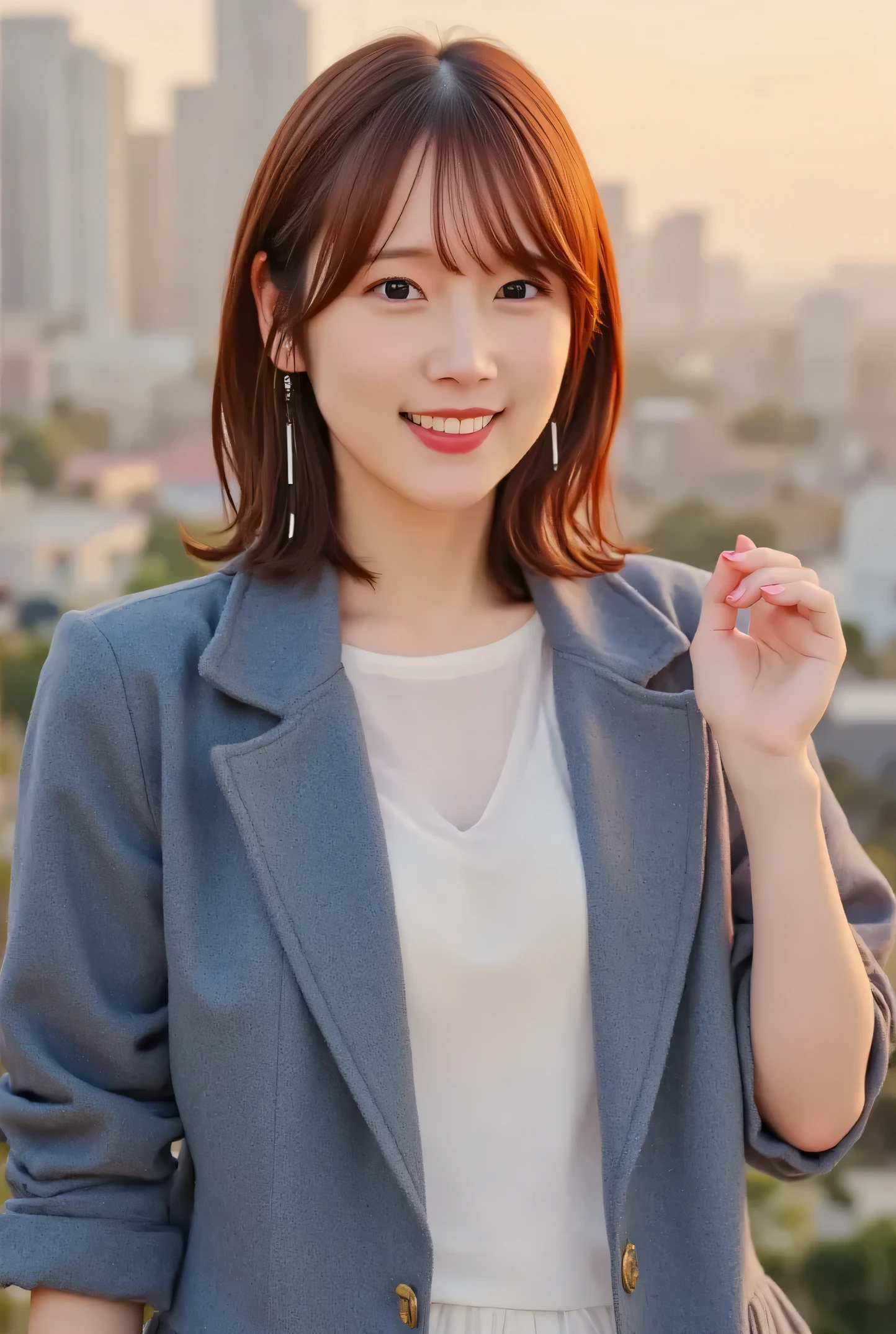 ( best quality ,8K quality,masterpiece:1.3),(You must wear an ultra-A high-resolution , photorealistic:1.4, Original photo),( more details, caustics, detailed background ),( Ultra Realistic Capture , beautiful detailed skin, perfect human body),In the sunset,Twilight Sky,School building,Schoolyard,18 years old,Cute, single eyelids , black haired short bob , School Blazer Uniforms, looking at camera ,smile, bust up shot , natural soft light