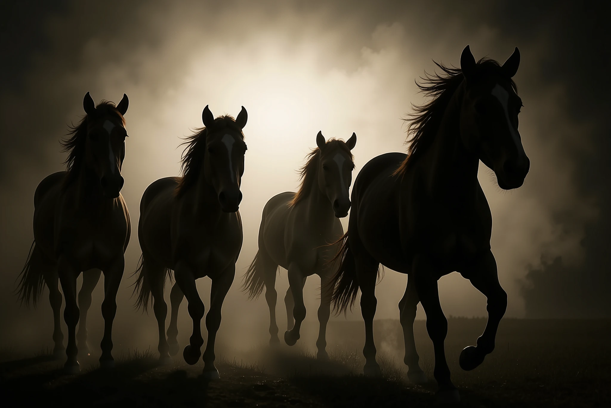 Cinematic image of four wild mares galloping side by side across a dusty plain. Their bodies are silhouetted against a bright backlight, creating dramatic contrast between the glowing background and their dark forms. Each horse is in mid-stride, with flowing manes and raised hooves kicking up mist and dust. The light source behind them casts a halo around their silhouettes, emphasizing the contours of their muscular bodies and windblown hair. The atmosphere is intense and mythic, with a sense of motion and freedom. The ground is textured with dry grass and dirt, partially obscured by the illuminated dust cloud. The composition is balanced, with all four horses clearly visible and evenly spaced across the frame.