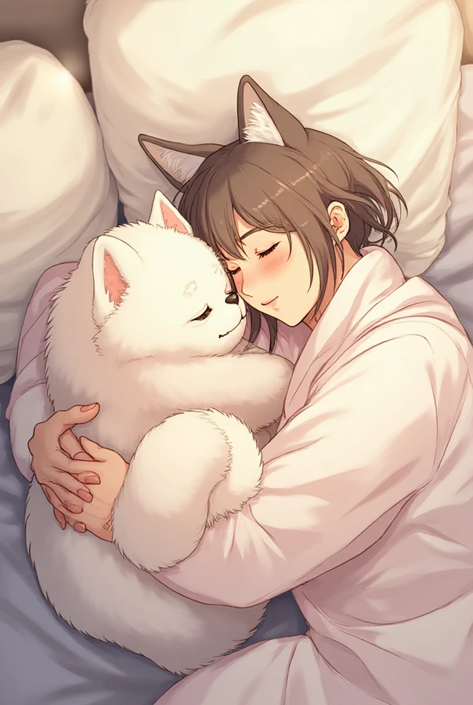 sticker, Girl sleeping with two small Maltese puppies, drooping ears, Teacup puppy size, overview, vector, white outline, bed