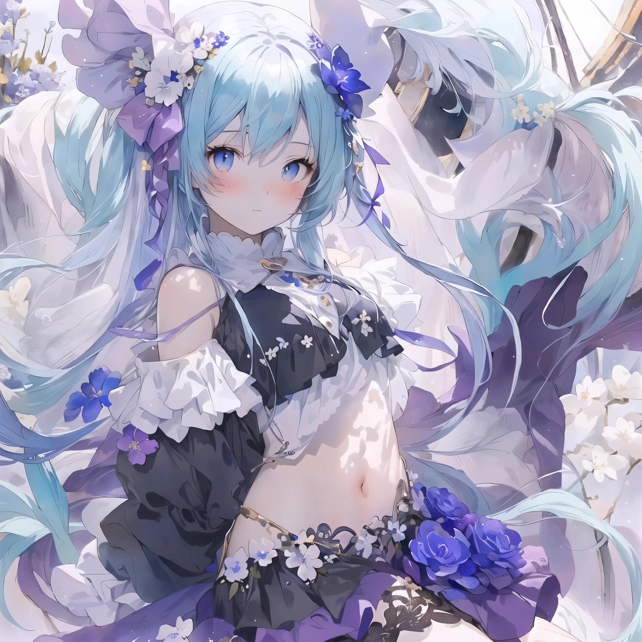 anime girl with blue hair and white dress and purple and blue flowers, anime style 4 k, trending on artstation pixiv, mikudayo, anime art wallpaper 4 k, anime art wallpaper 4k, nightcore, anime art wallpaper 8 k, digital art on pixiv, rem rezero, guweiz on pixiv artstation, pixiv