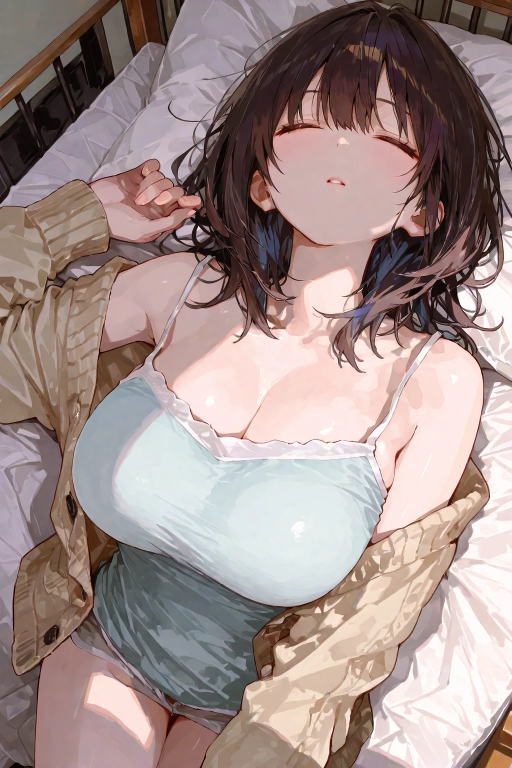 {best quality}, {very aesthetic}, {ultra-detailed}, {best illustration},nsfw, Wife, shirt,top less,bottomless, Open-front knit cardigan、Knee-high、((()Spread your legs、Lift your legs higher、Emphasis on the vagina、Detailed and accurate  opening、Detailed and accurate asshole)、{{{massive }}}, , , private room, on bed, soaked sheets, steam, sweat,