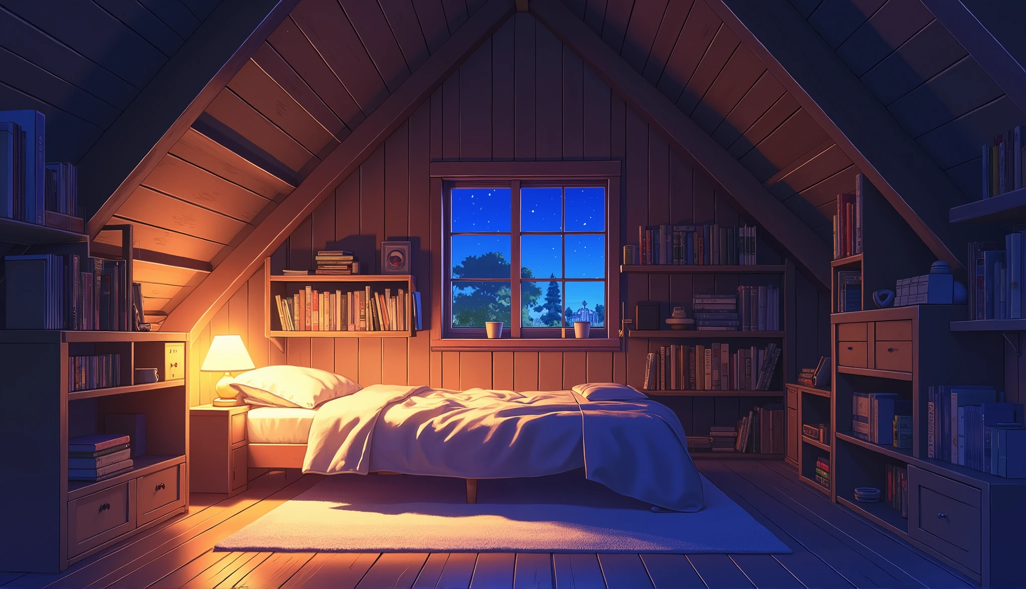 anime style、Attic、angle from the front、Horizontal Composition 、Vertical Composition 、deep composition、A room for living alone、large room、Minimal、Small bed、single bed、Bookshelf、Small window、Country Room、Countryside Scenery、night、Side Angle、Wooden wall、White light