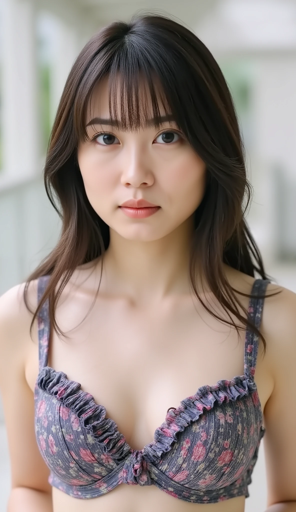 live-action、shot with a Canon EOS R5, 50mm lens, f/2.8 apertur、(masterpiece,best quality:1.4)、Highest Quality、ultra high res、8K、bright room、chair in the building on the edge、unhooking bra with both hands, arms behind back、unhooking front-clasp bra with both hands、strap gap、、front view、Full body photo、sitting on a chair、Basic bra、pleated trim、rose print、(poses that accentuate cleavage:1.5)、Smile Yan、black haired 、straight semi-long、shiny hair、have bangs、(slender style:1.3)、(huge breasts:1.5)、a different color bra every time I take a picture、zettai ryouiki、tight skirt、midi skirt