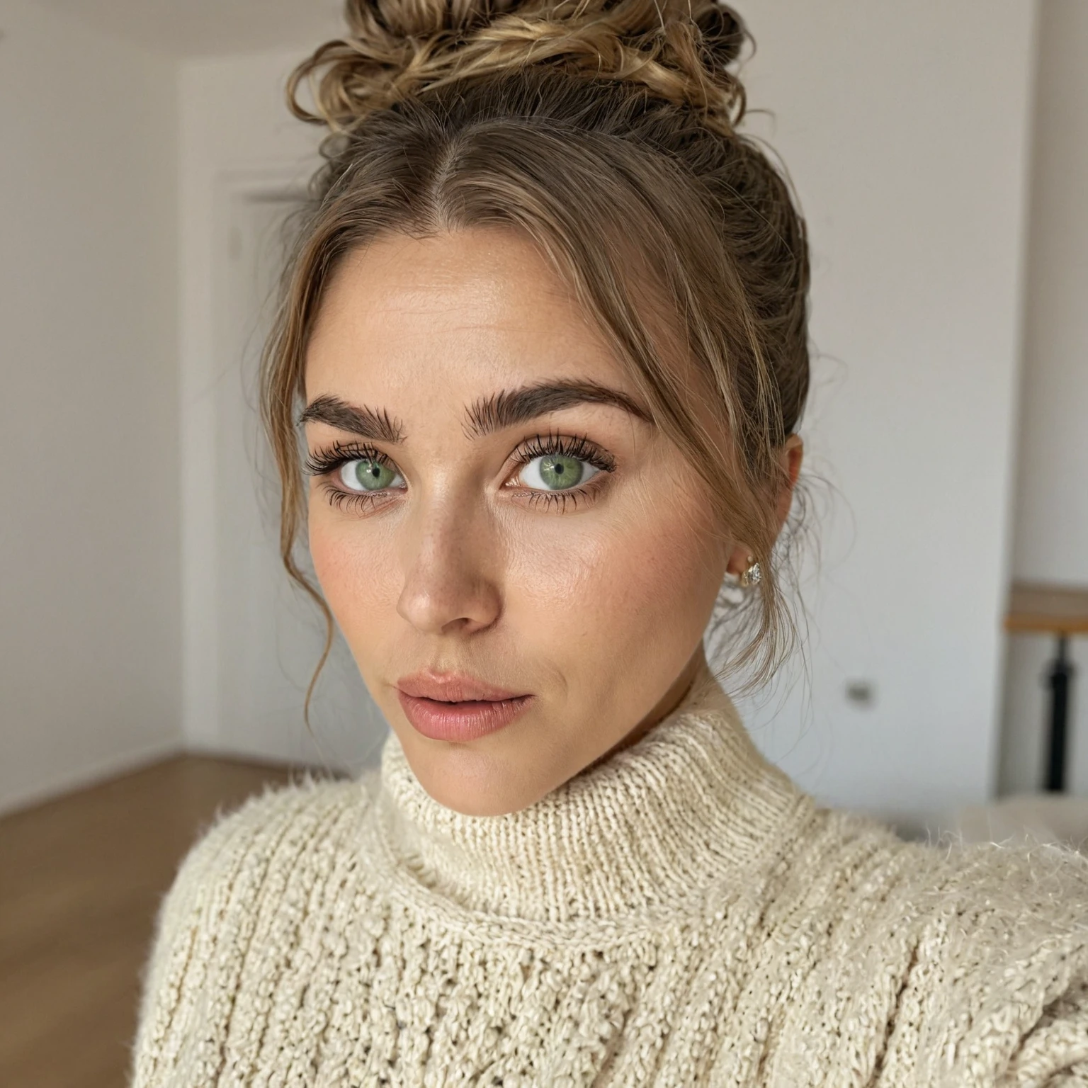 photo of a skinny very old wrinkly-faced faced mature brunette  with fake eyelashes and plump-enhanced lips, messy long hair thrown into a messy bun ponytail. She wears: (turtleneck soft high ribbed bright green super tight sweater:1.1),   pose, high tight ribbed neck,  smile, perfect fake ,  eager granny