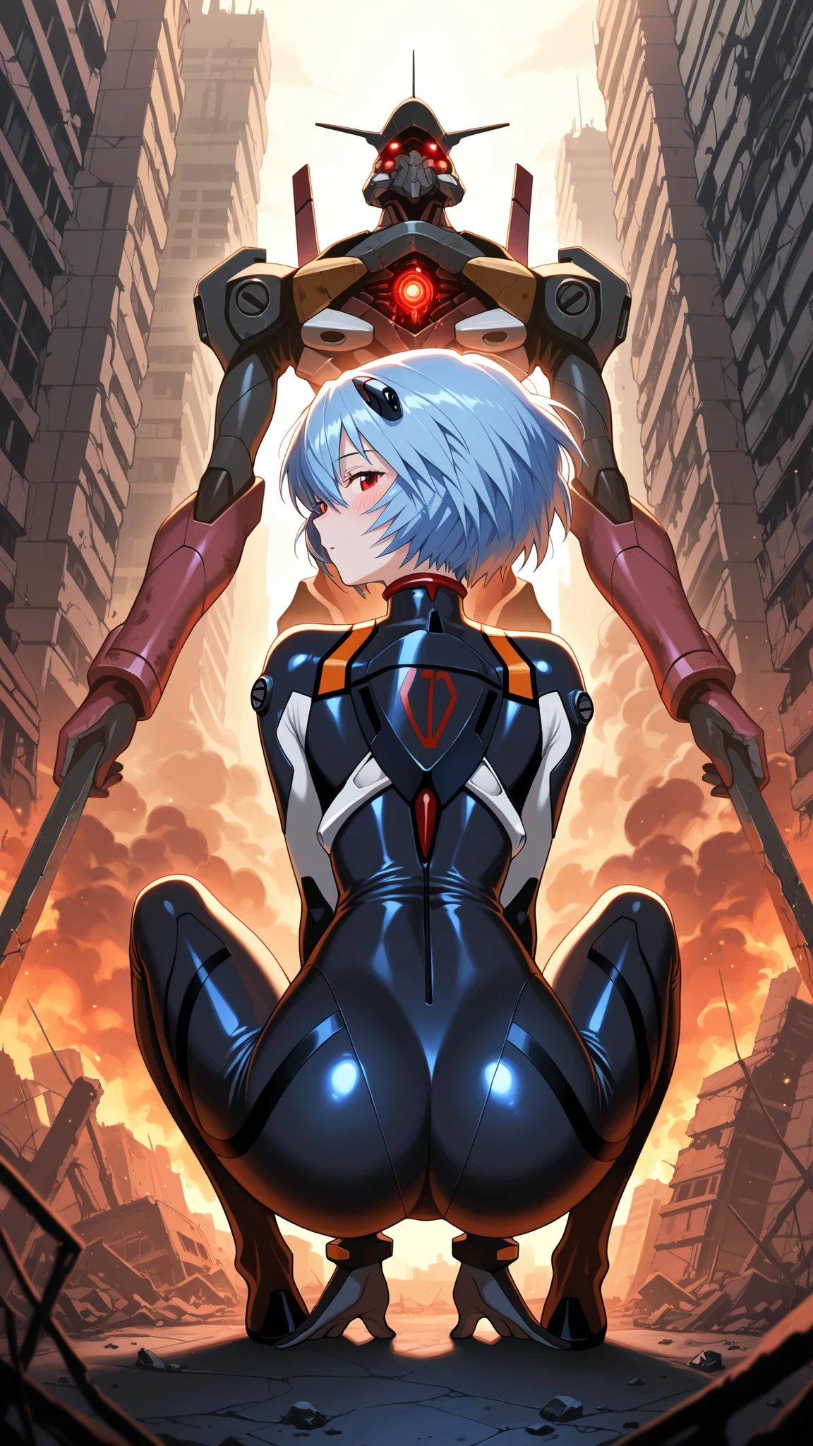 BREAK (masterpiece:1.2), best quality, high resolution, unity 8k wallpaper, (illustration:0.8), (beautiful detailed eyes:1.6),Post-apocalyptic ruined city battlefield, towering skyscrapers shattered and crumbling, massive broken mecha lying across destroyed streets, twisted metal and burning wreckage, smoke rising from deep craters, flickering neon signs still glowing faintly through the haze, haunting silence, cinematic scale, ultra-detailed environment, 8K digital painting, masterpiece concept art.,no people,blush, seductive expression,rei ayanami, ayanami rei, blue hair, short hair, red eyes,,bodysuit, headgear, plugsuit, black bodysuit,сowboy shot,looking at viewer,floating hair,sitting in a squatting pose, sensual curves emphasized, hands resting on knees, alluring gaze, detailed body, soft warm lighting, intimate atmosphere, ultra realistic, 4k,from behind,back photo,from below